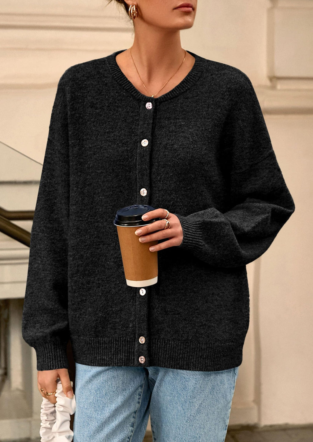 Fall Long Sleeve Cardigans for Women Trendy Open Front Winter Button Down Crewneck Soft Knit Sweater Jacket