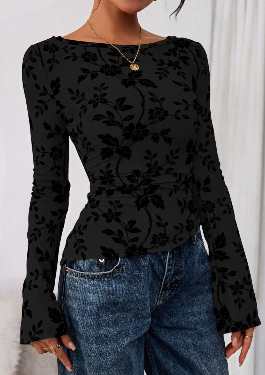 Women Long Sleeve Floral Mesh Tops Blouse  Fall Trendy Boat Neck Ruched Fitted Shirt Going Out Date Outfits