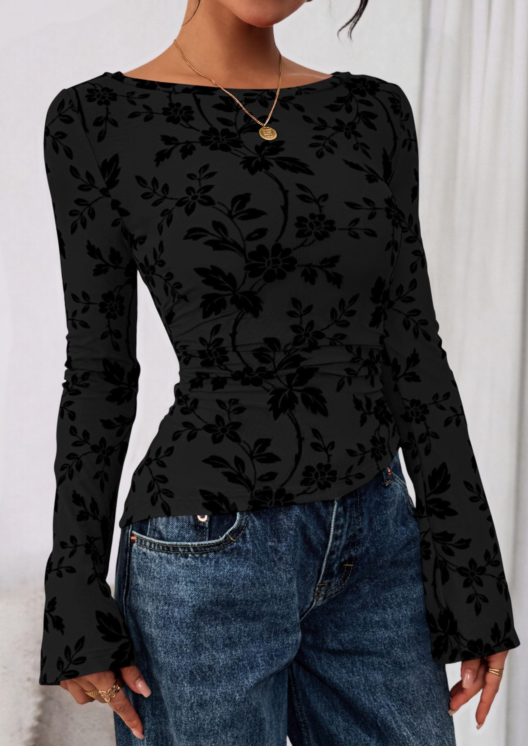 Women Long Sleeve Floral Mesh Tops Blouse  Fall Trendy Boat Neck Ruched Fitted Shirt Going Out Date Outfits
