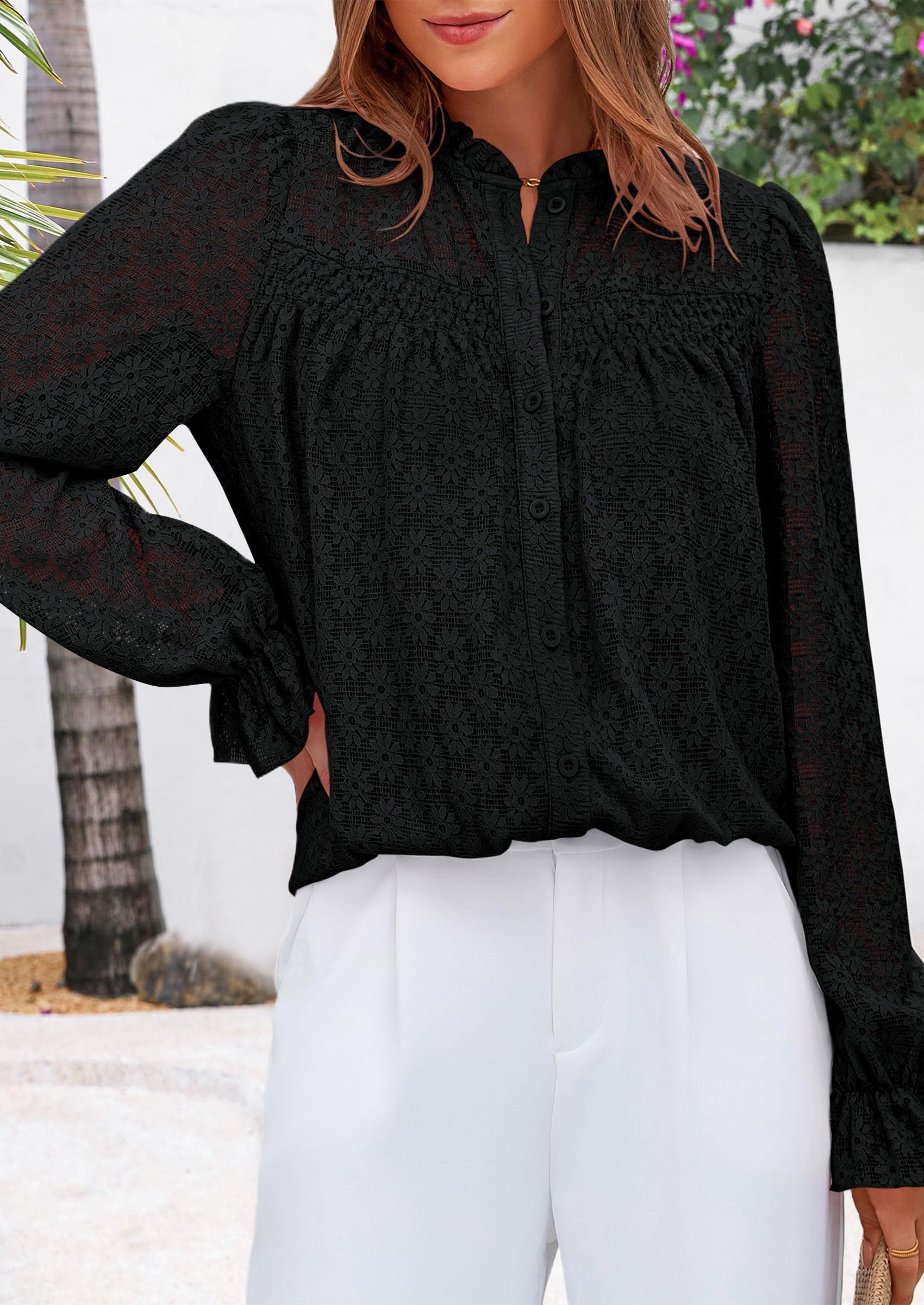 Lace Long Sleeve Tops for Women Eyelet Blouses Dressy Casual Hollow Out Button Down Shirts Summer Outfits