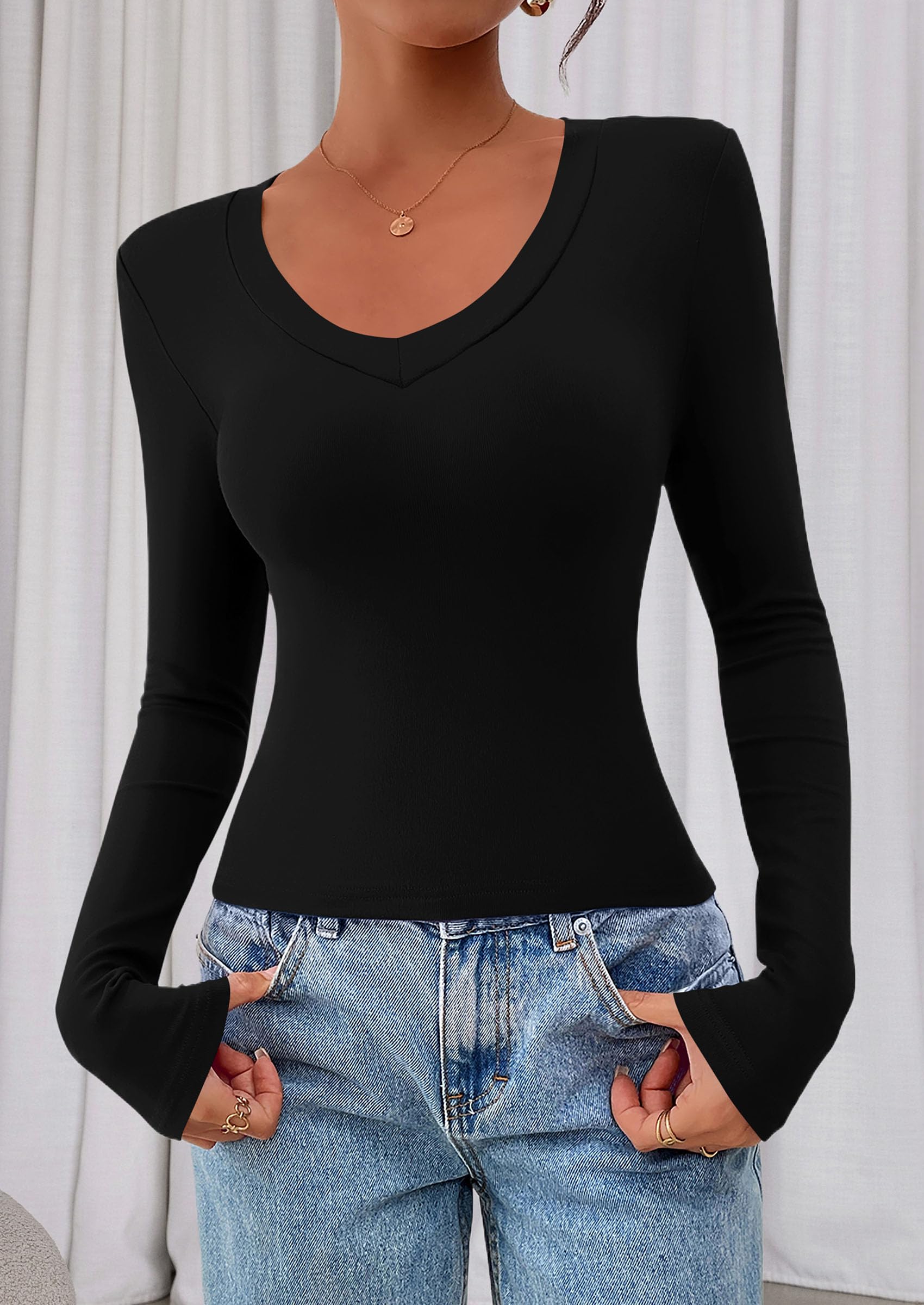 Womens Long Sleeve T Shirts Fall Trendy Deep V Neck Slim Fit Basic Crop Tops Casual Going Out Top