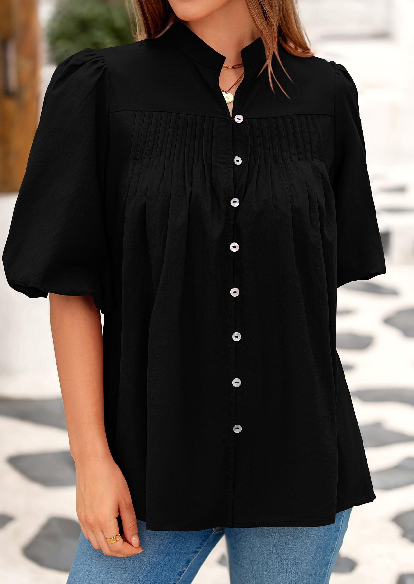 Women's Summer Short Lantern Sleeve Tops Loose Fit Button Down Shirt Casual Pleated V Neck Blouses