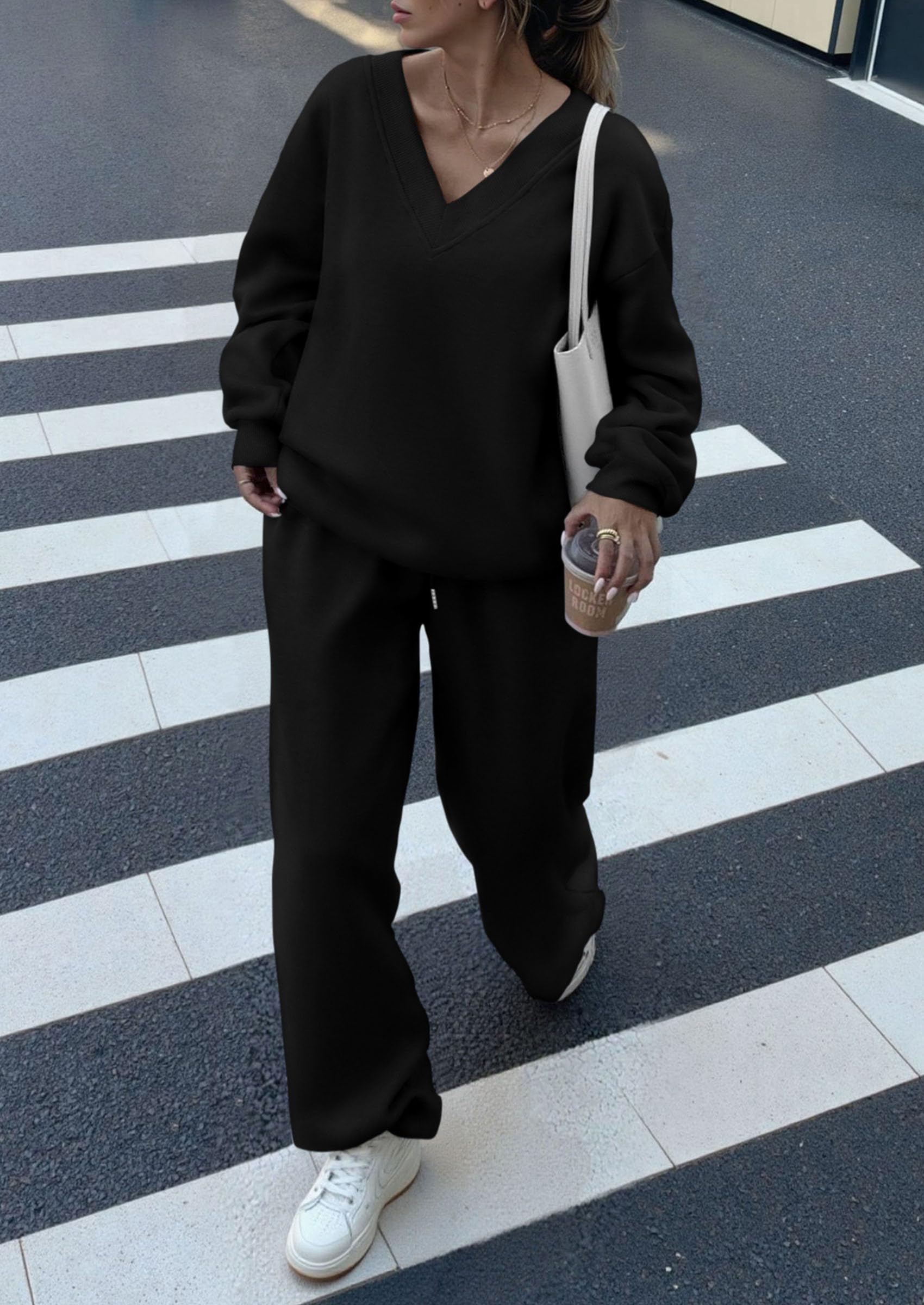 Casual Winter Two Piece Sets for Women V Neck Sweatshirt Loose Wide Leg Pants Tracksuit Knit Fall Outfits