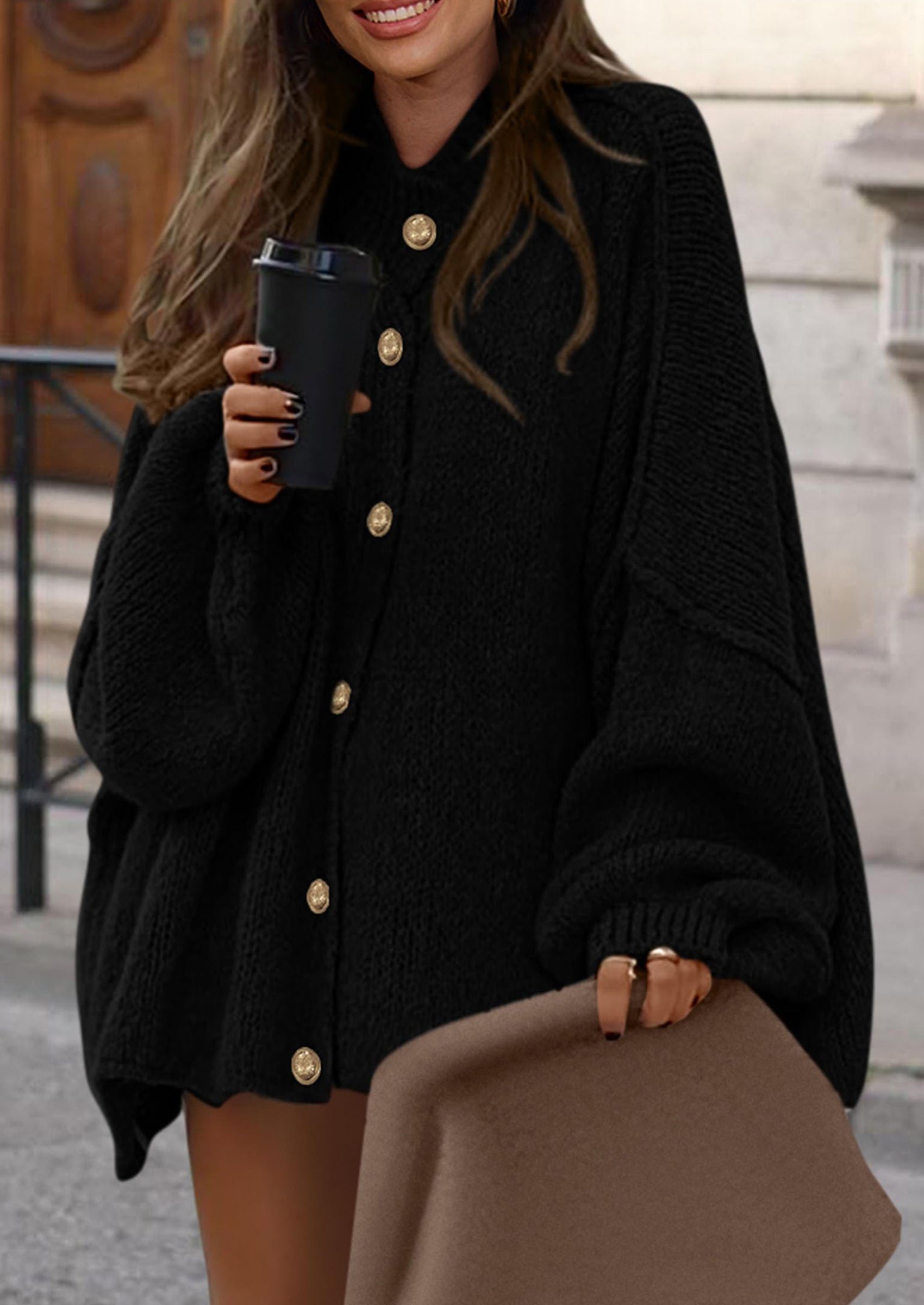 Women's Winter Button Down Cardigan Sweaters Mock Neck Lantern Long Sleeve Chunky Knit Jacket Trendy Outerwear