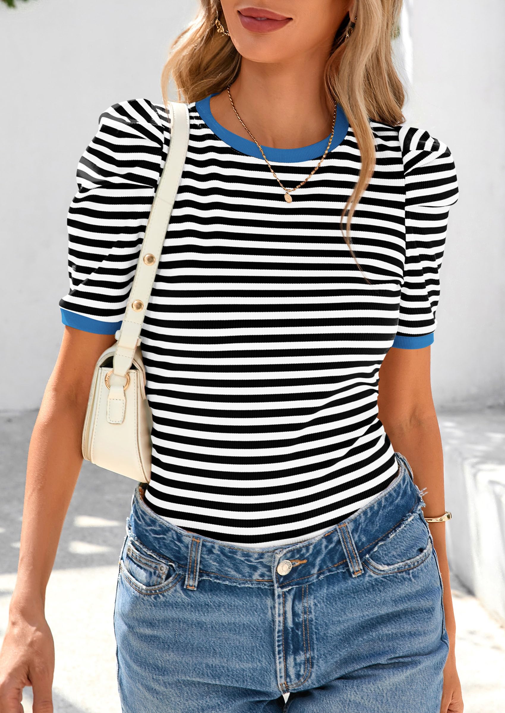 Women's Summer Puff Sleeve Tops Casual Ribbed Knit Crop Top Color Block Trendy Crewneck Striped Shirts