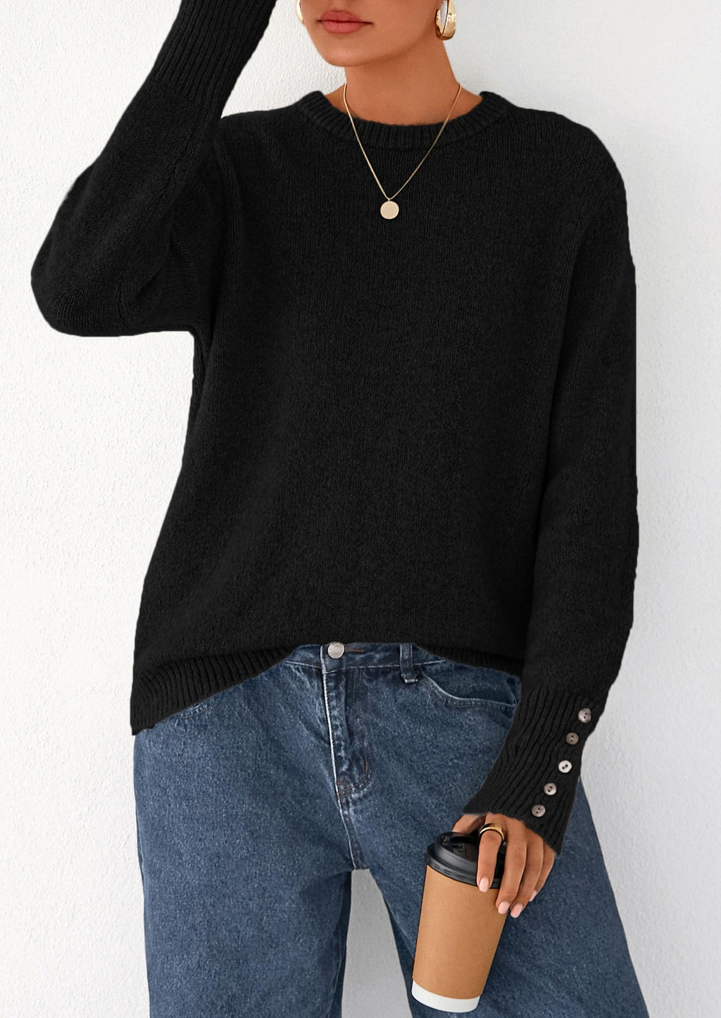 Womens Sweaters Fall Fashion Casual Crewneck Pullover Button Long Sleeve Cute Knit Tops Winter Clothes