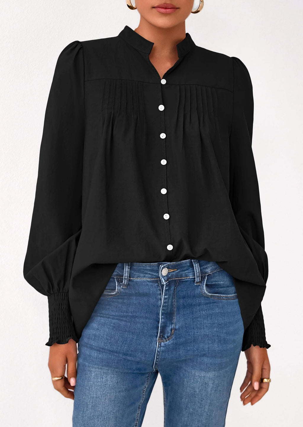 Womens Fall Lantern Long Sleeve Shirts Trendy Button V Neck Pleated Henley Tops Loose Work Blouses