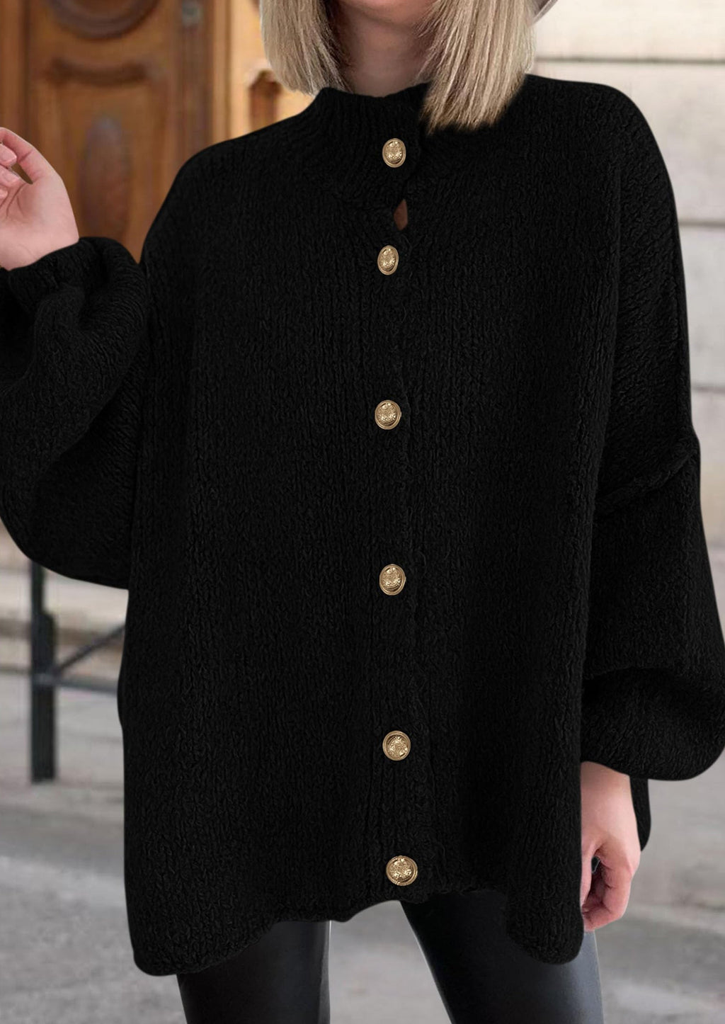 Women's Winter Button Down Cardigan Sweaters Mock Neck Lantern Long Sleeve Chunky Knit Jacket Trendy Outerwear