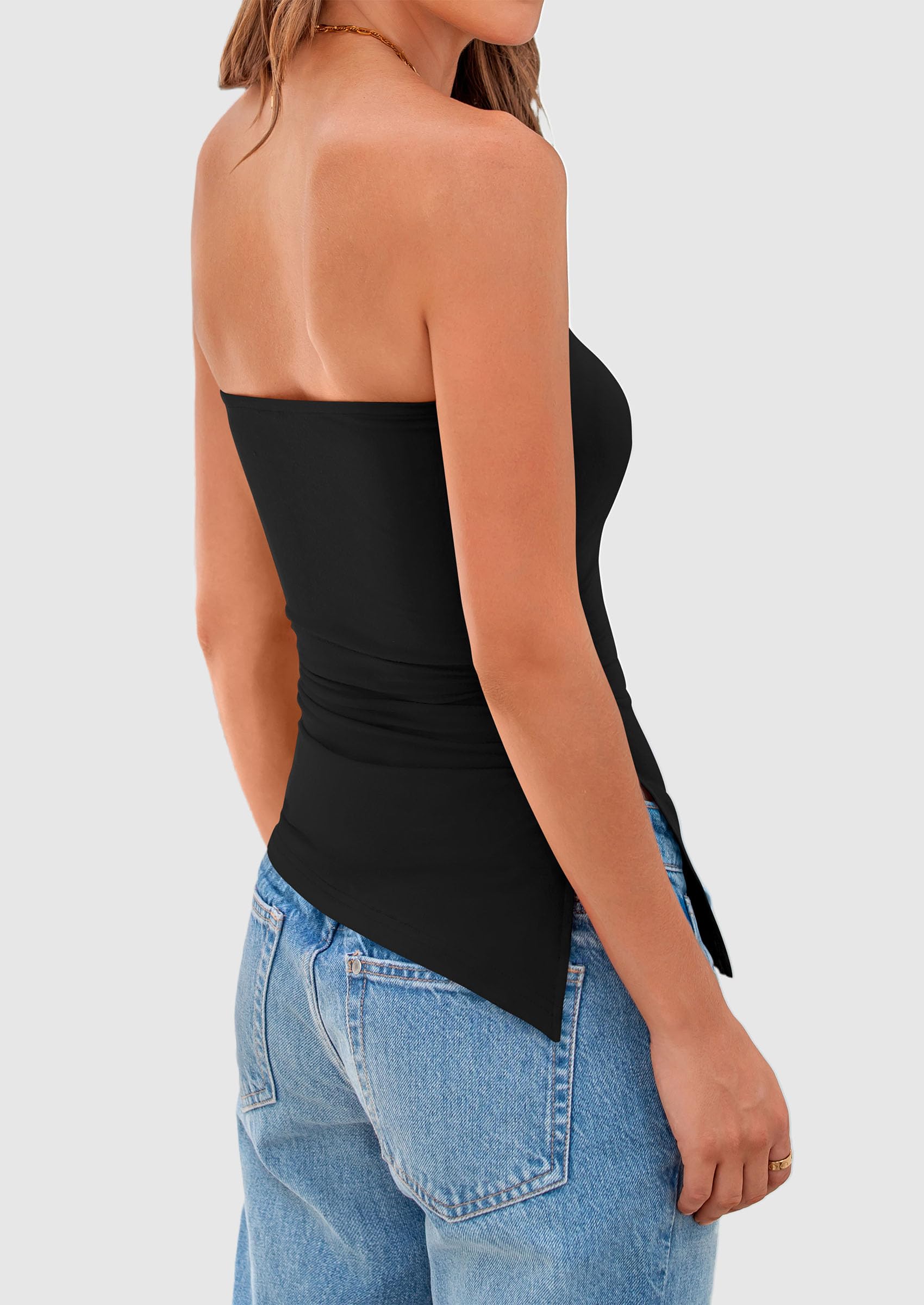 Womens Summer Tube Tops Trendy Strapless Ruched Going Out Tops Outfits Asymmetrical Bandeau Shirts