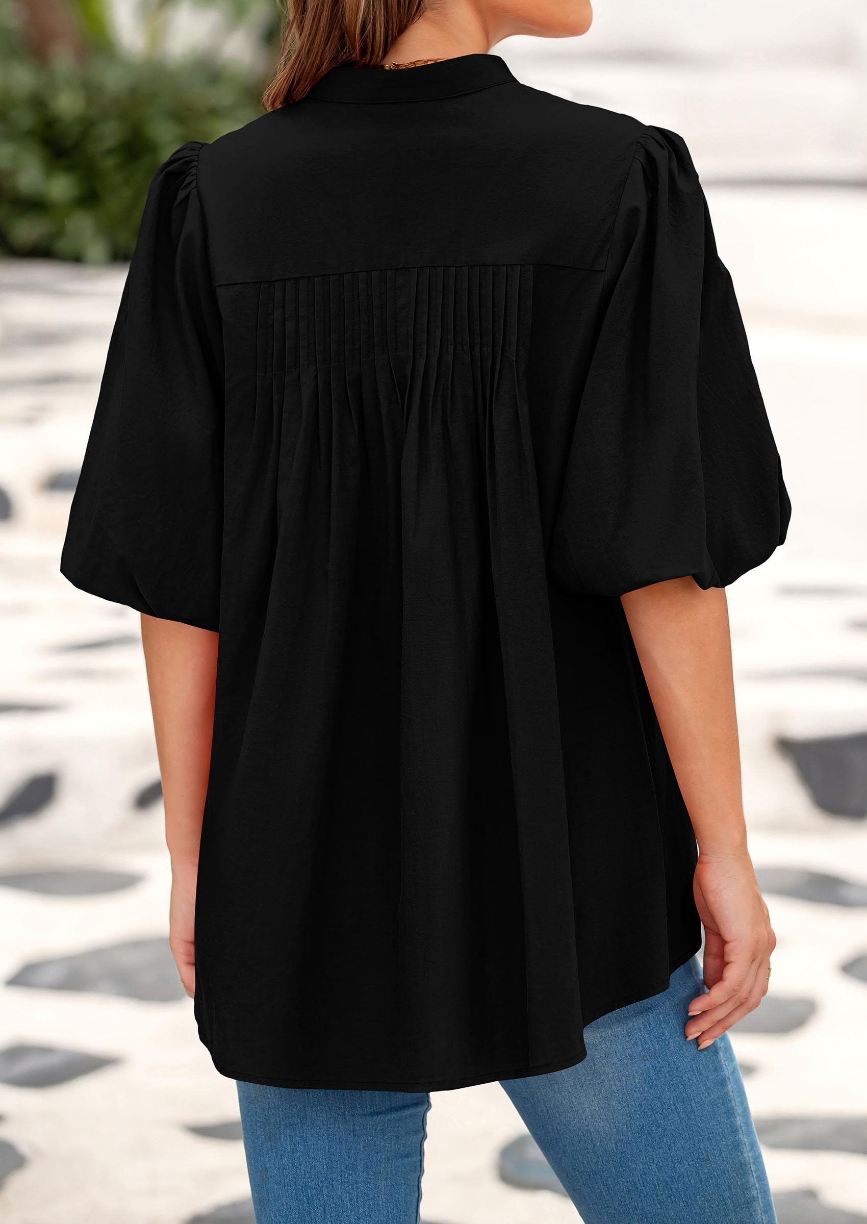 Women's Summer Short Lantern Sleeve Tops Loose Fit Button Down Shirt Casual Pleated V Neck Blouses