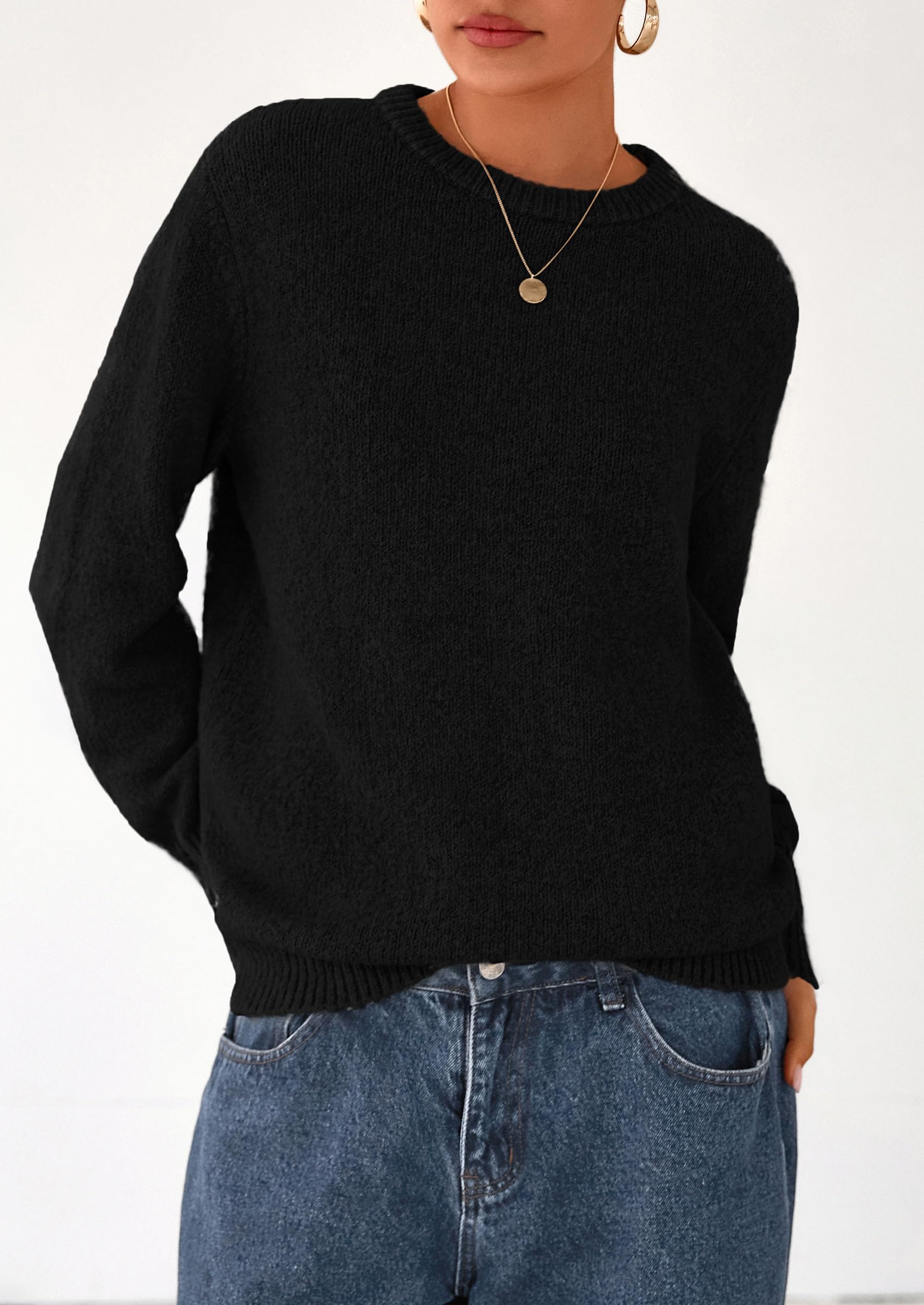 Womens Sweaters Fall Fashion Casual Crewneck Pullover Button Long Sleeve Cute Knit Tops Winter Clothes