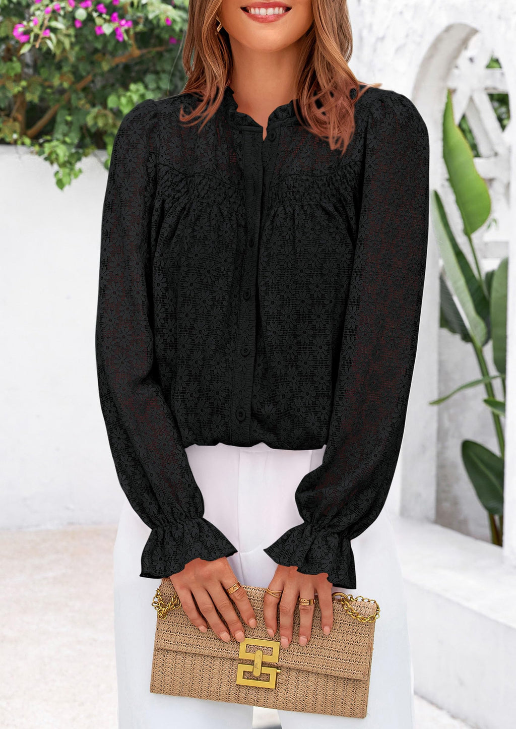 Lace Long Sleeve Tops for Women Eyelet Blouses Dressy Casual Hollow Out Button Down Shirts Summer Outfits