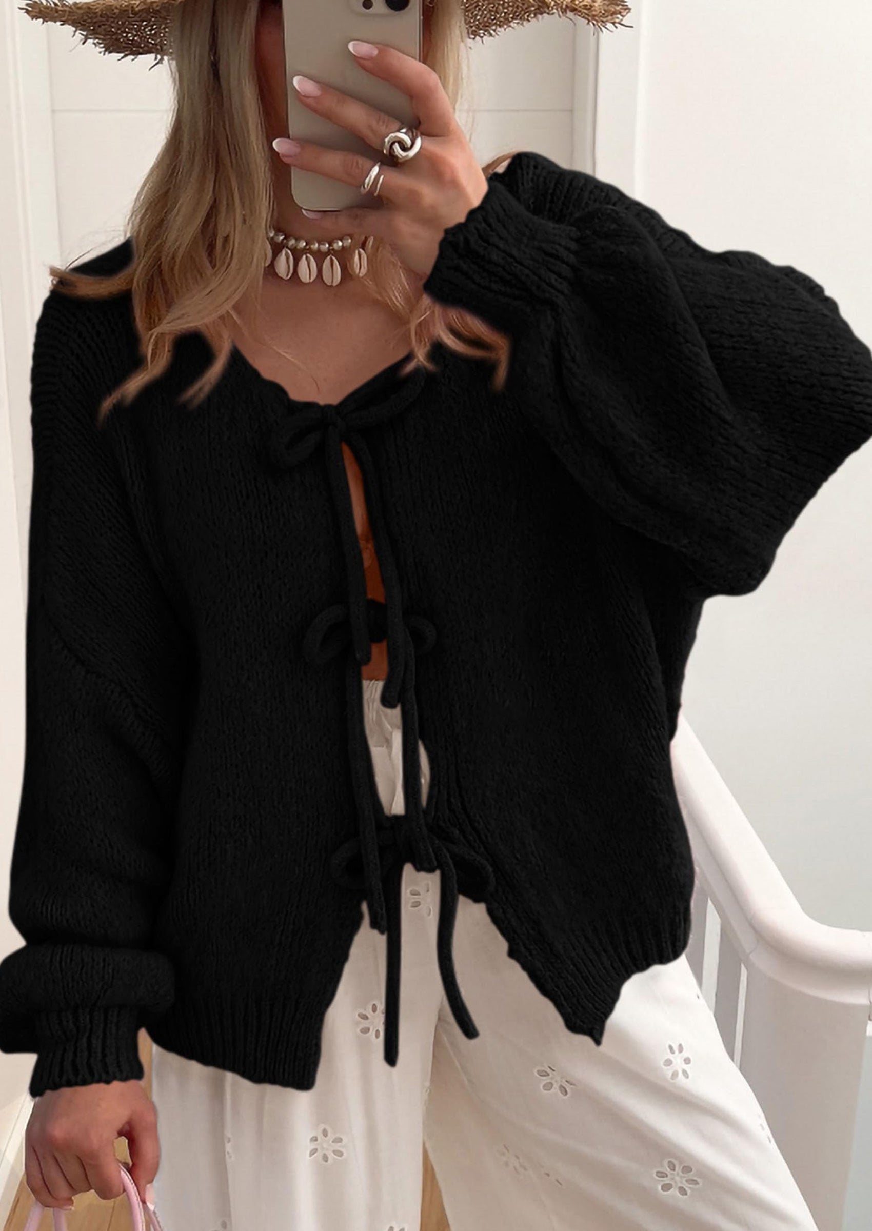 Women's Tie Front Bow Cardigan Sweaters Chunky Knit Long Puff Sleeve Trendy Fall Winter Jacket Coats