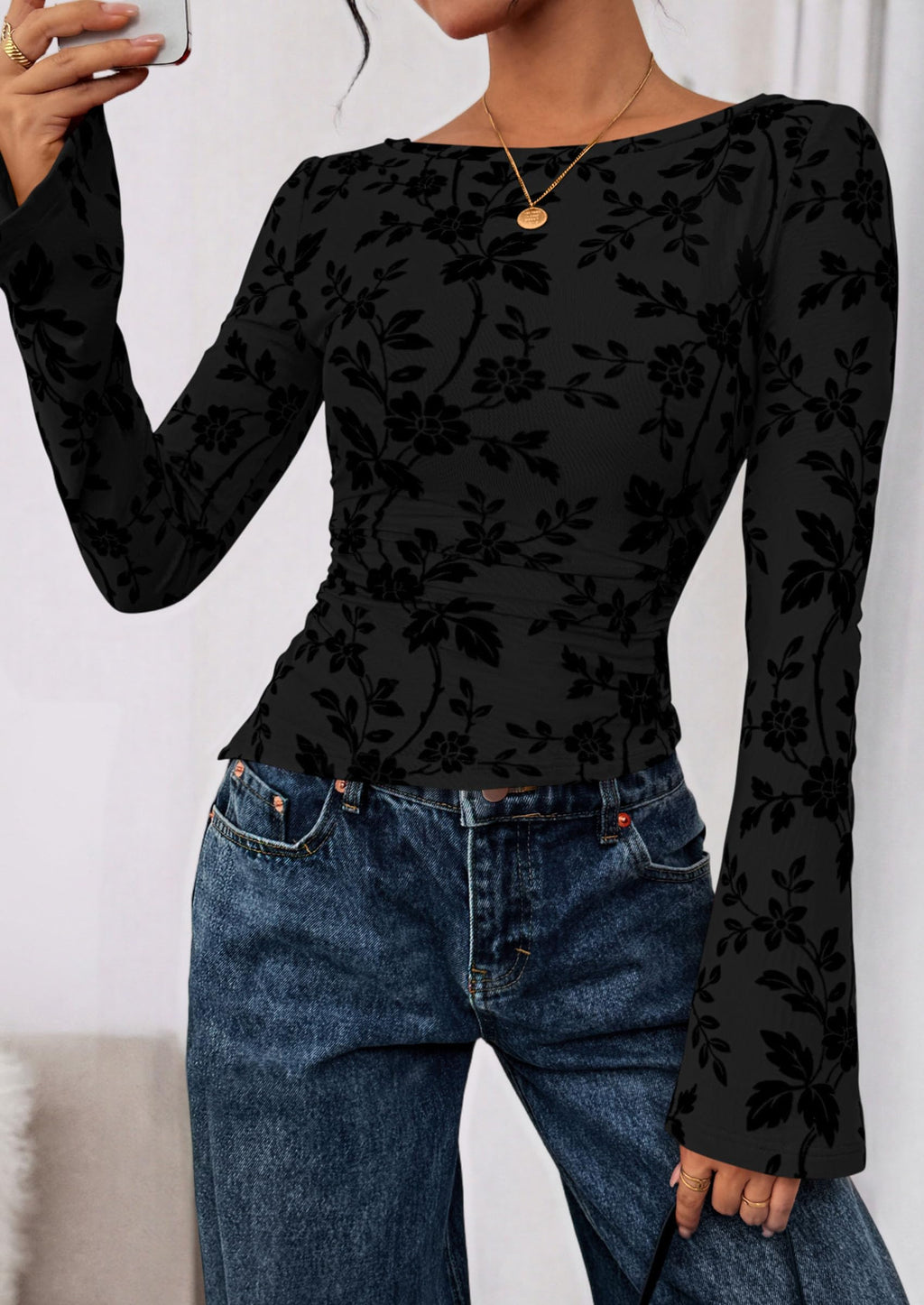 Women Long Sleeve Floral Mesh Tops Blouse  Fall Trendy Boat Neck Ruched Fitted Shirt Going Out Date Outfits