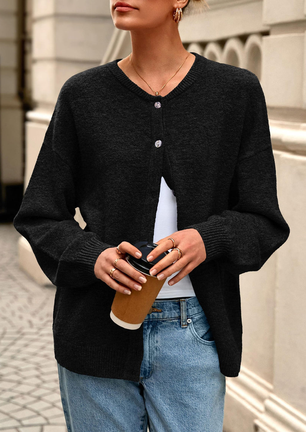 Fall Long Sleeve Cardigans for Women Trendy Open Front Winter Button Down Crewneck Soft Knit Sweater Jacket