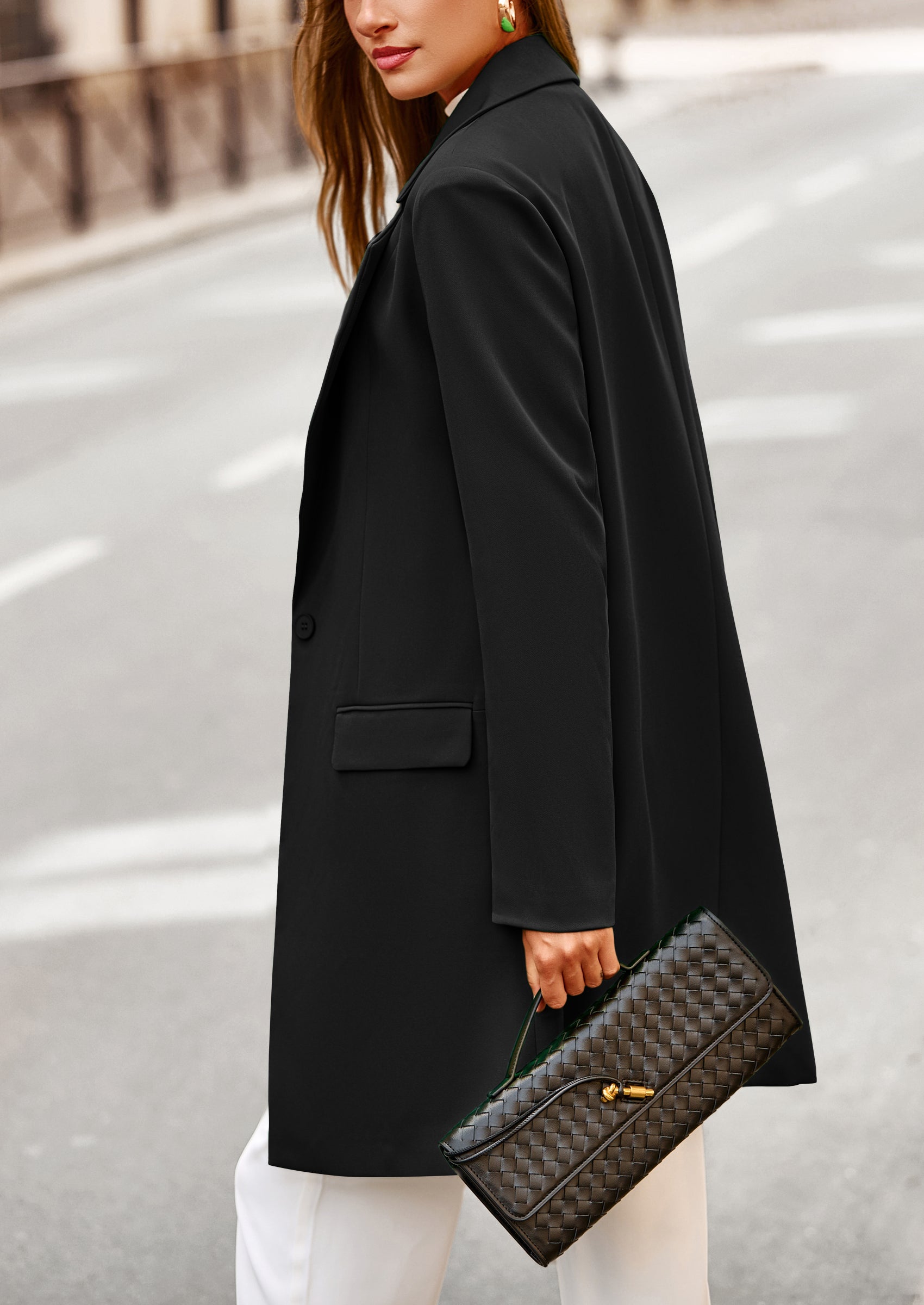 Women's Spring Fall Long Blazer Jackets Long Sleeve Lapel Pockets Loose Fit Work Casual Blazers Outerwear