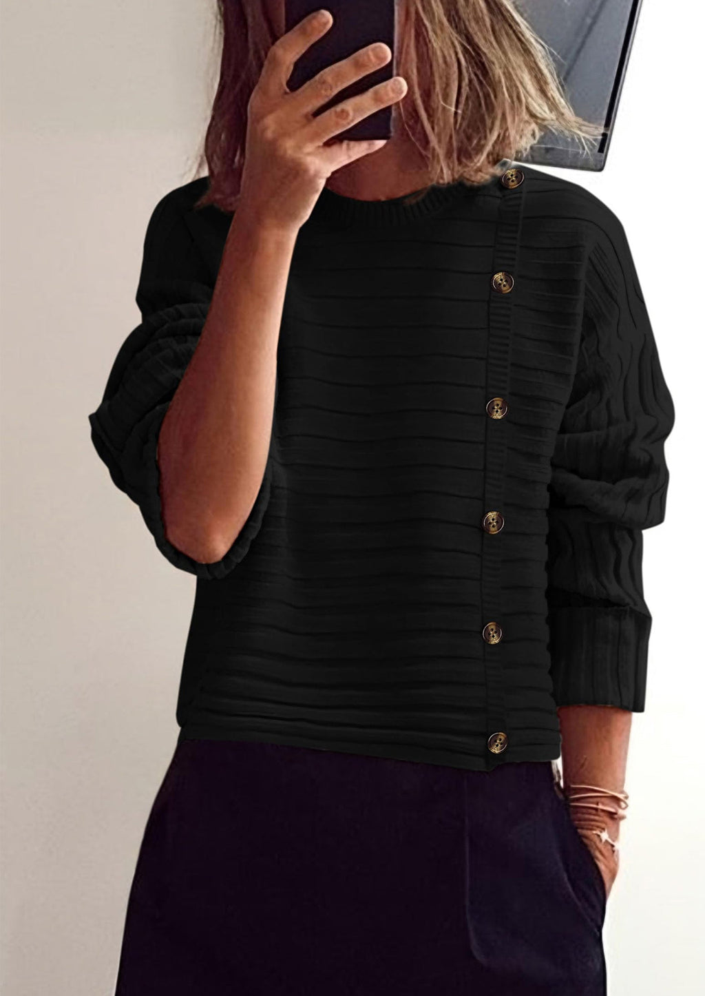 Womens Sweaters Fall Casual Long Sleeve Crewneck Button Loose Winter Knit Pullover Sweater Tops