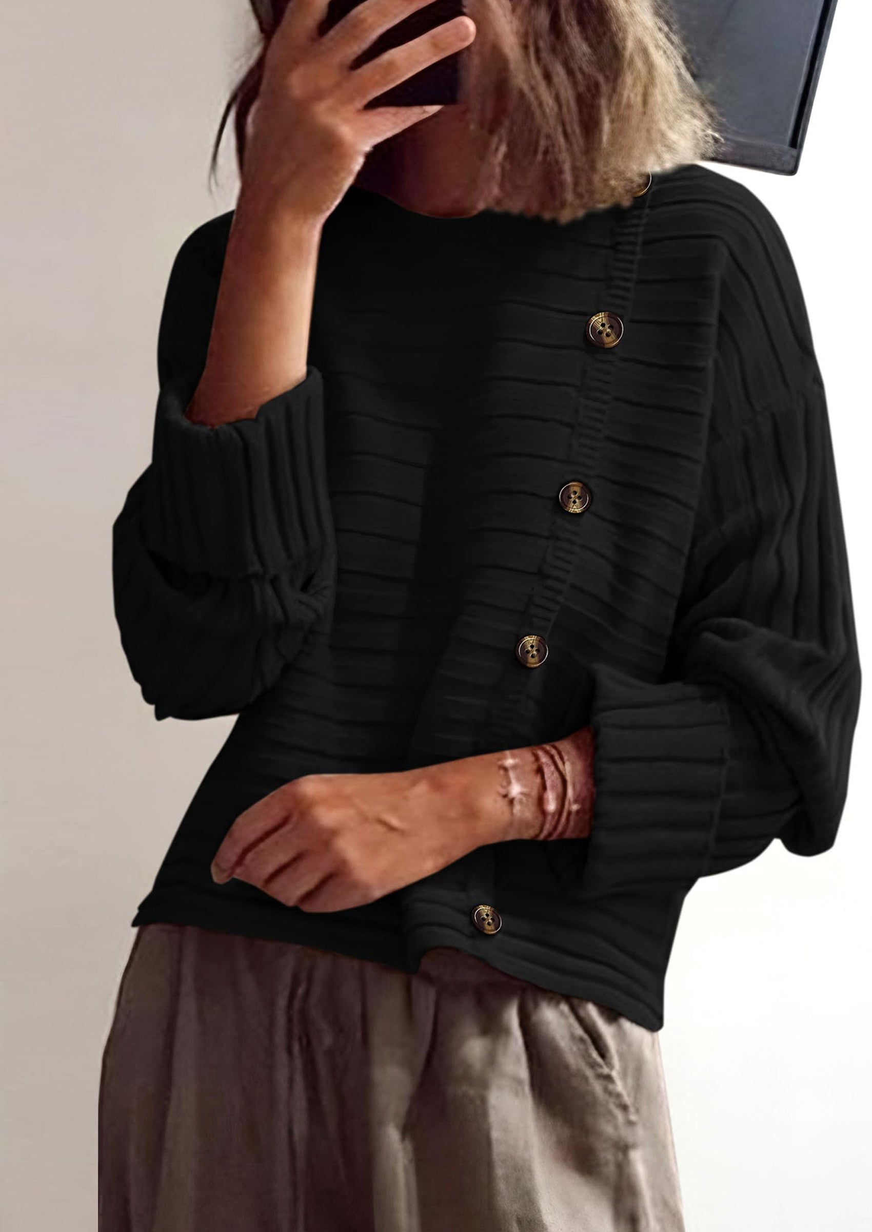 Womens Sweaters Fall Casual Long Sleeve Crewneck Button Loose Winter Knit Pullover Sweater Tops