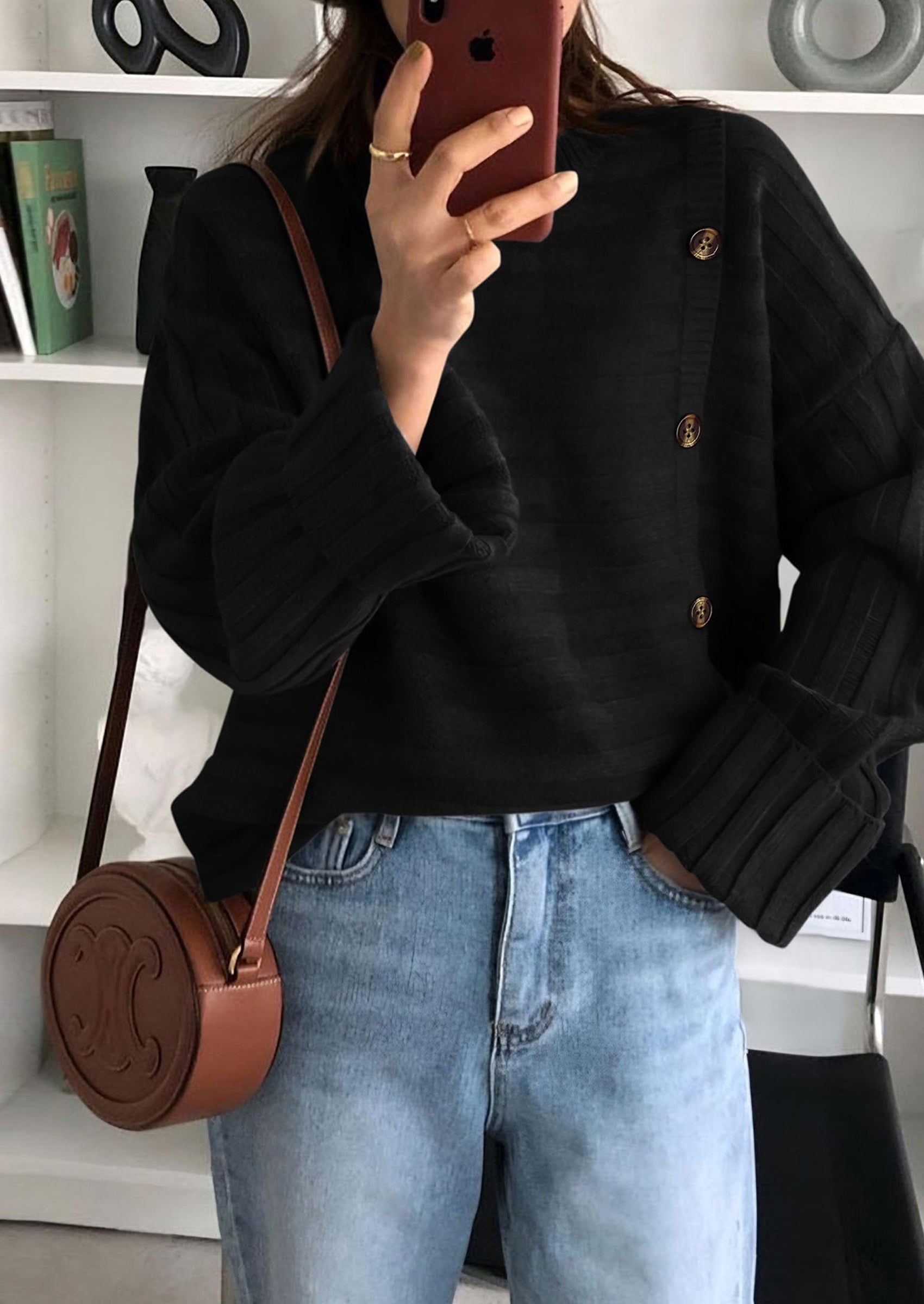 Womens Sweaters Fall Casual Long Sleeve Crewneck Button Loose Winter Knit Pullover Sweater Tops