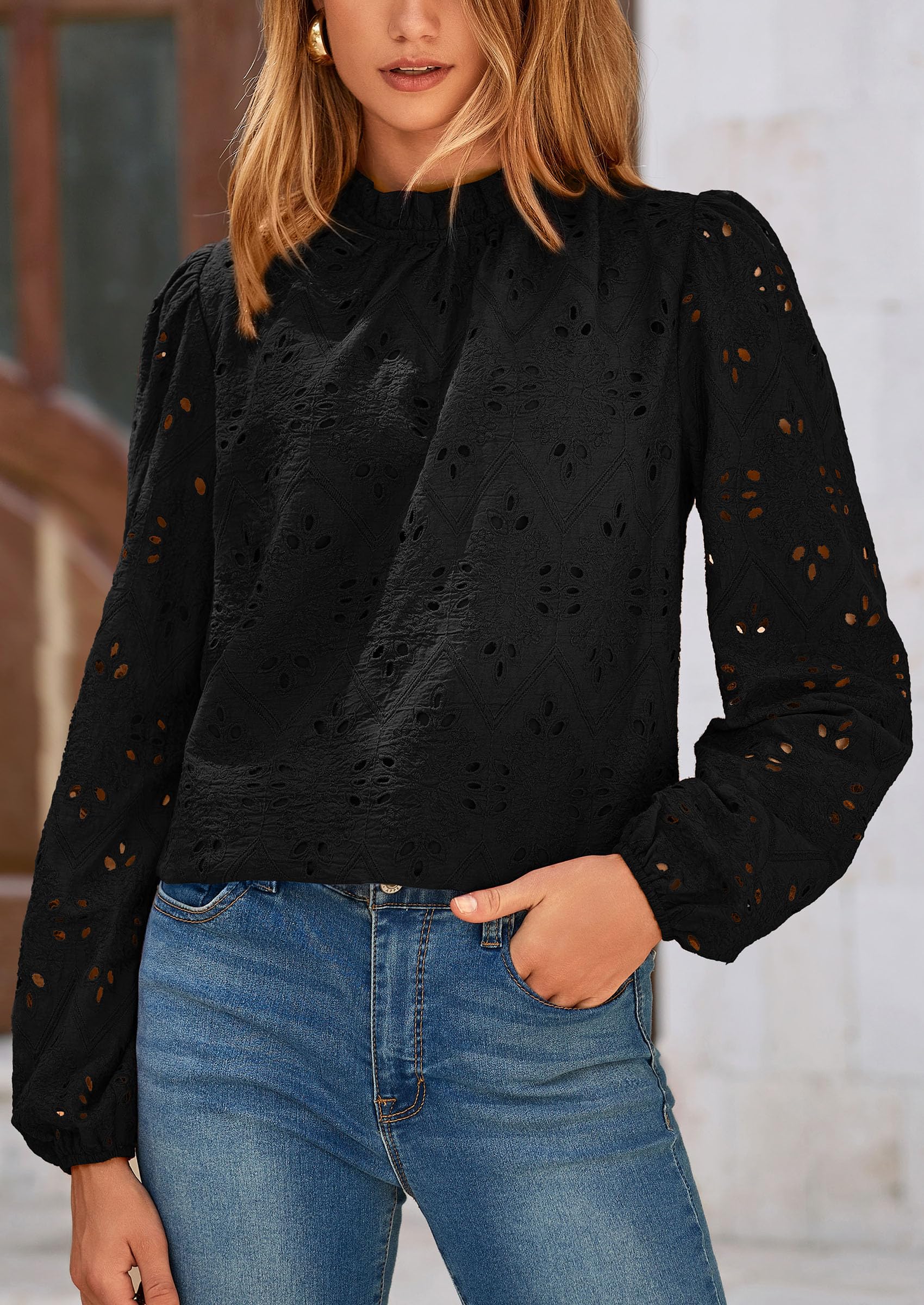 Womens Tops Dressy Casual Spring Long Sleeve Shirts Embroidered Eyelet Blouses Going Out Outfits