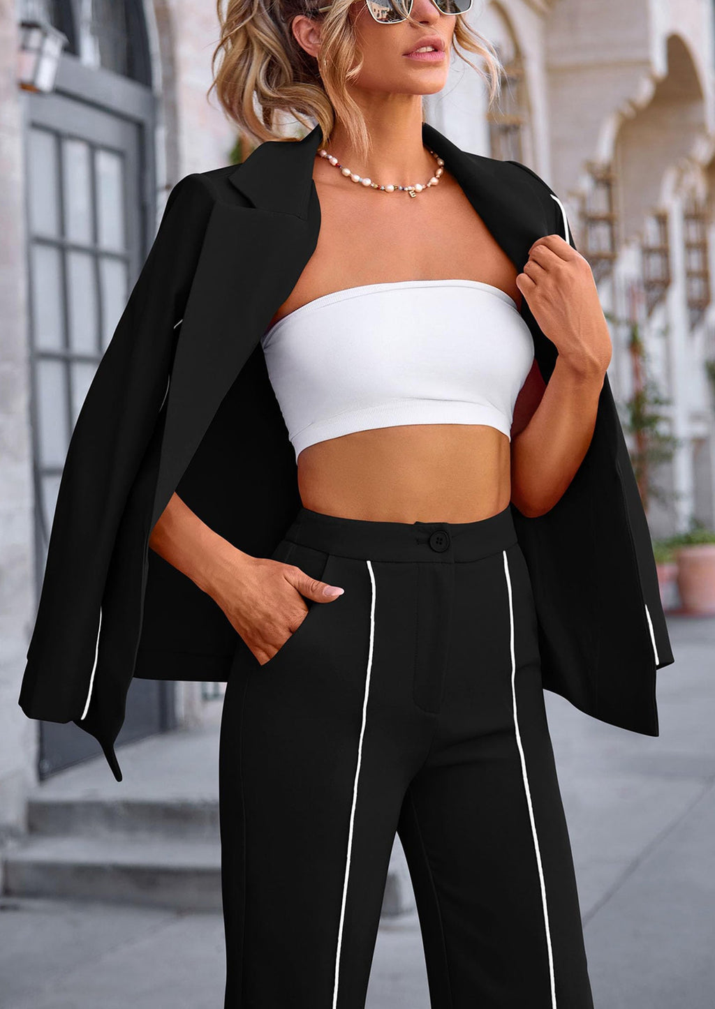 2 Piece Blazer Outfits Business Casual Oversized Jacket Wide Leg Work Pants Dressy Suit Set