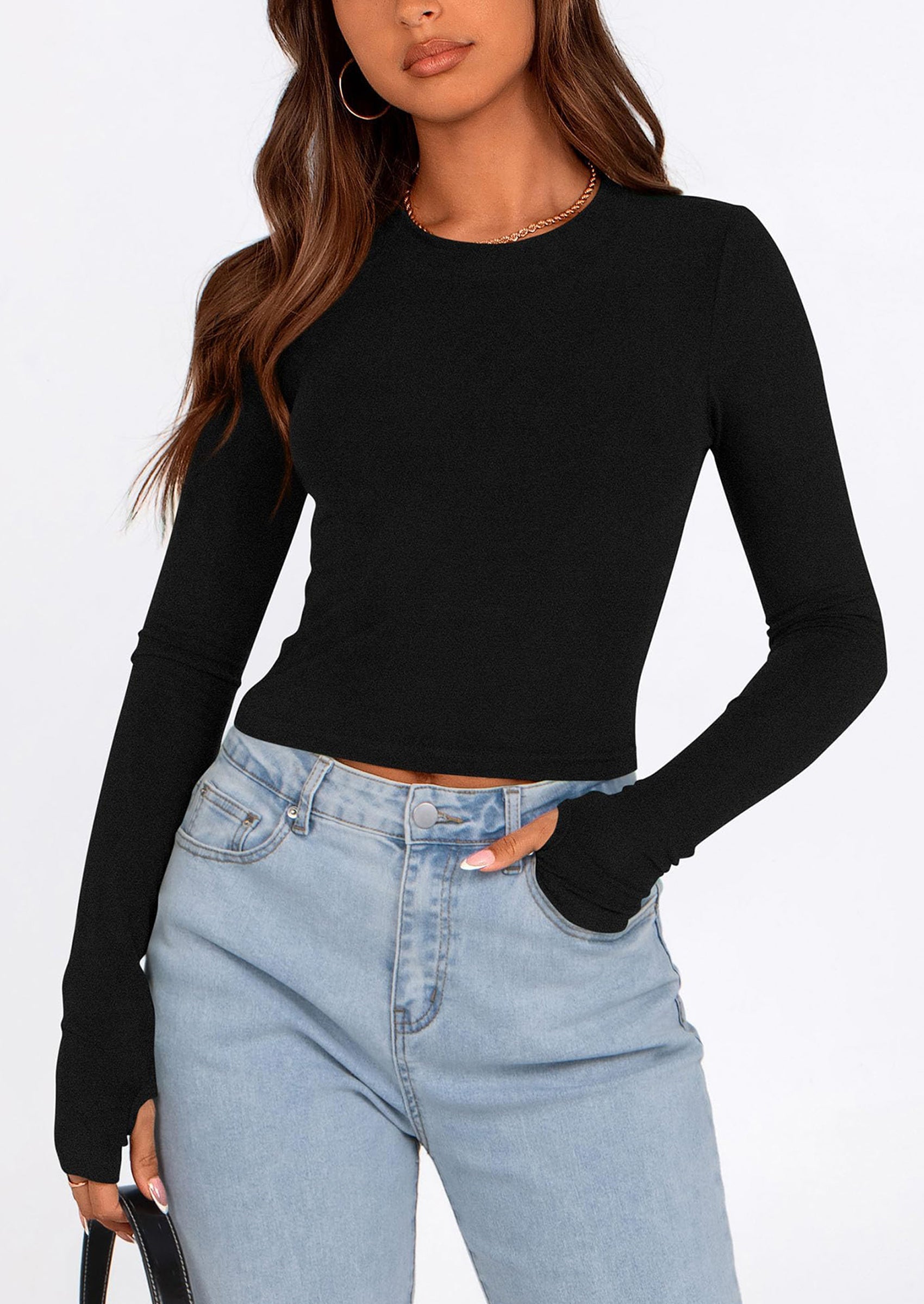 Women's Long Sleeve Crop Tops Y2K Spring Fall Fashion Clothes Basic Slim Fit Tee Shirts Blouse