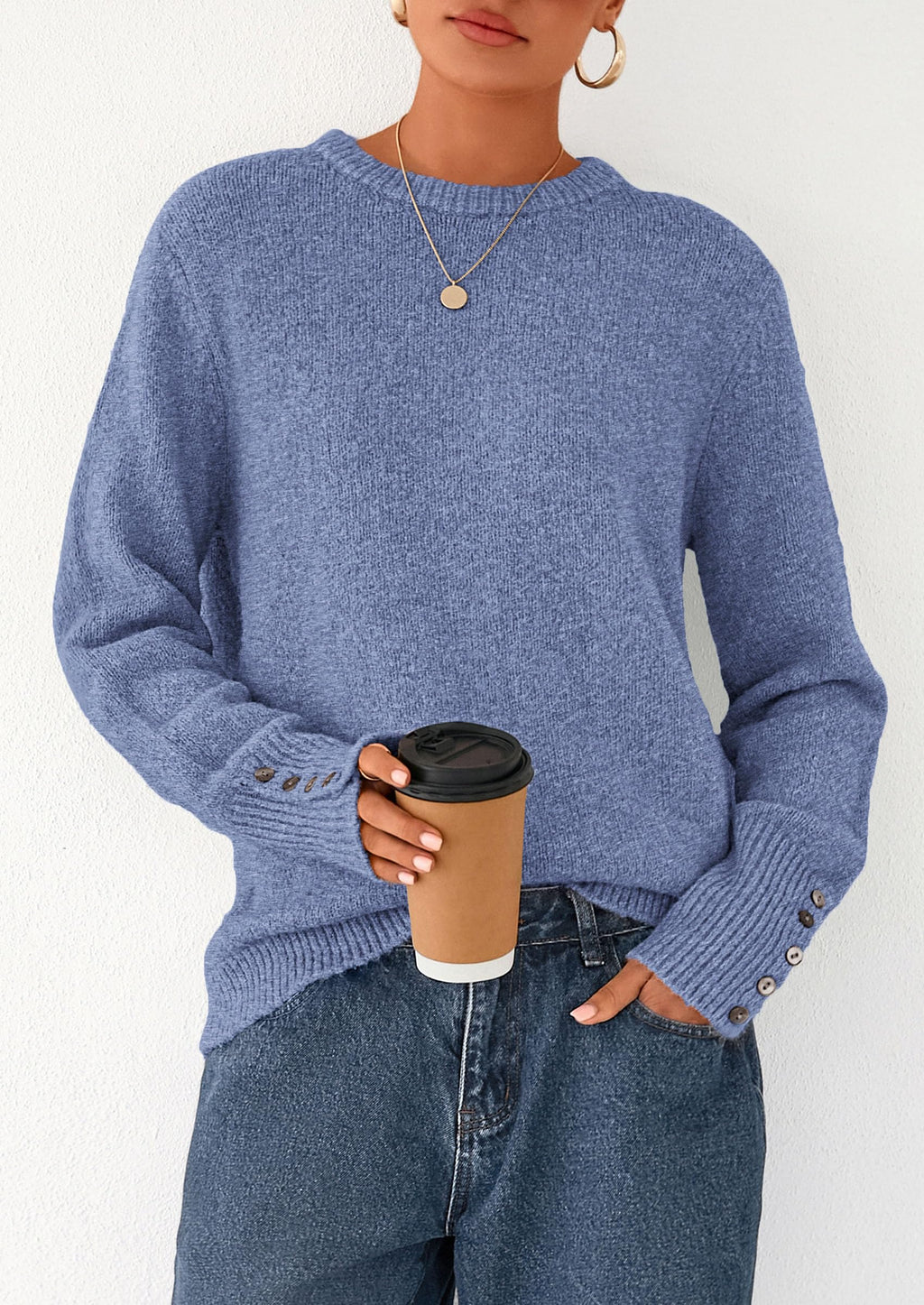 Womens Sweaters Fall Fashion Casual Crewneck Pullover Button Long Sleeve Cute Knit Tops Winter Clothes