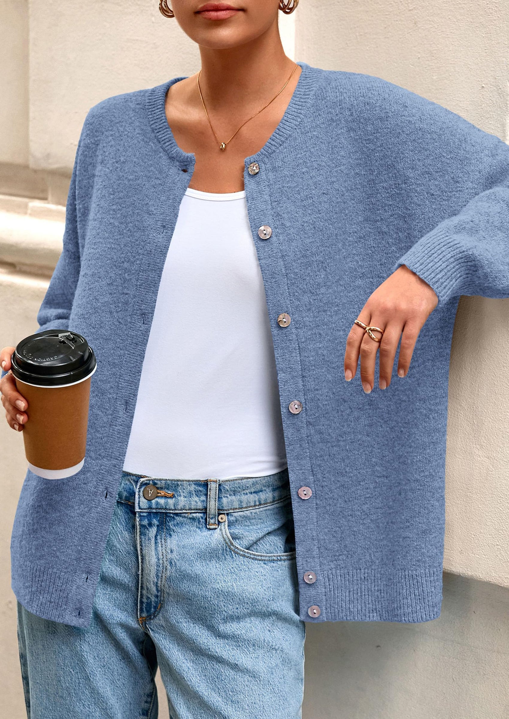 Fall Long Sleeve Cardigans for Women Trendy Open Front Winter Button Down Crewneck Soft Knit Sweater Jacket