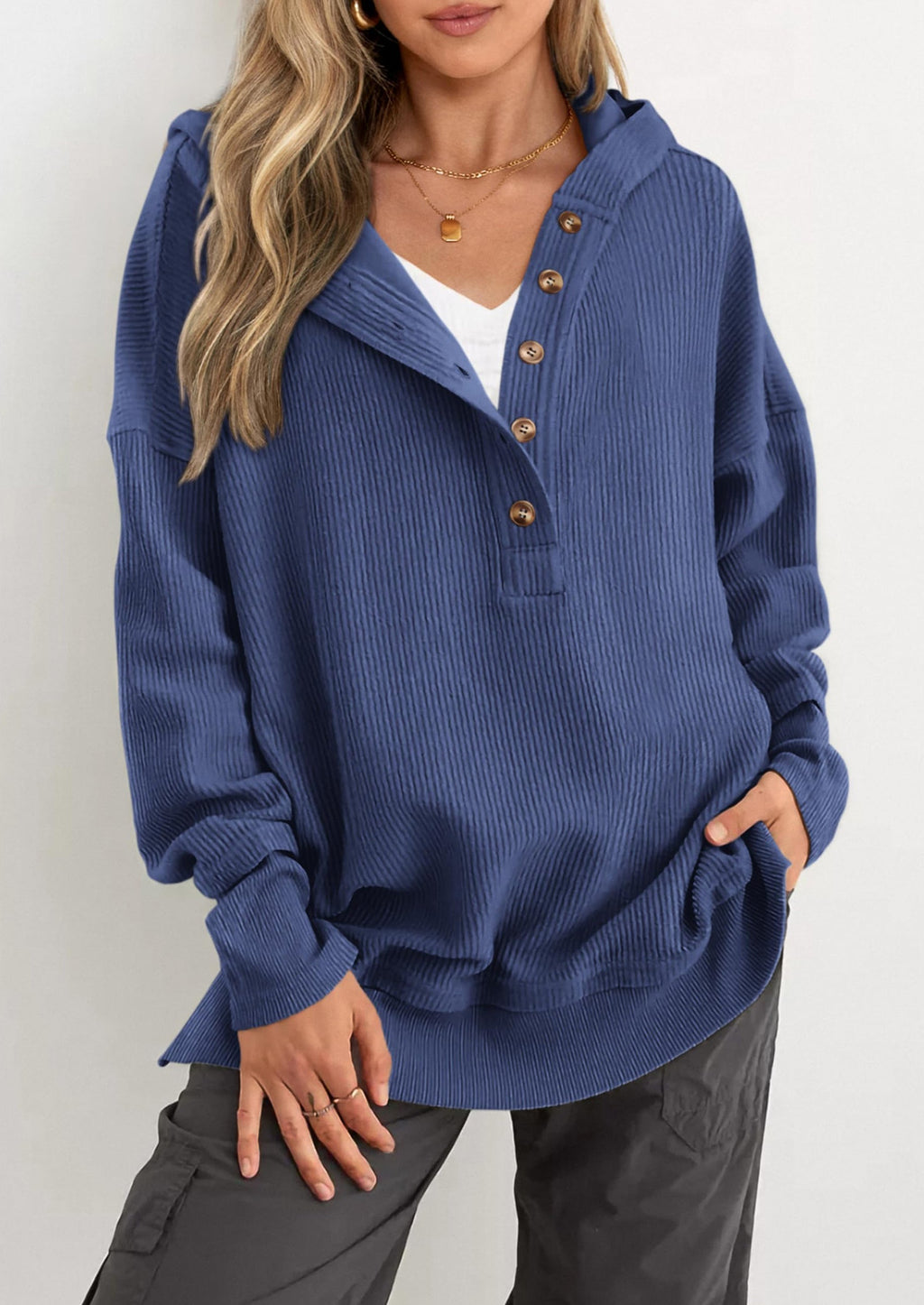 Womens Fashion Oversized Long Sleeve Hoodie Button Down V Neck Sweatshirt Side Slit Casual Pullover Tops