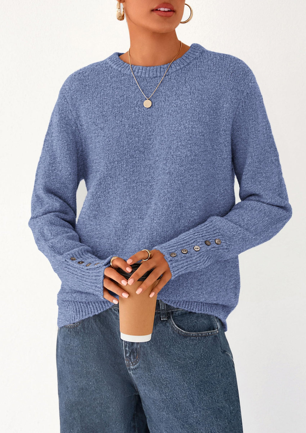 Womens Sweaters Fall Fashion Casual Crewneck Pullover Button Long Sleeve Cute Knit Tops Winter Clothes