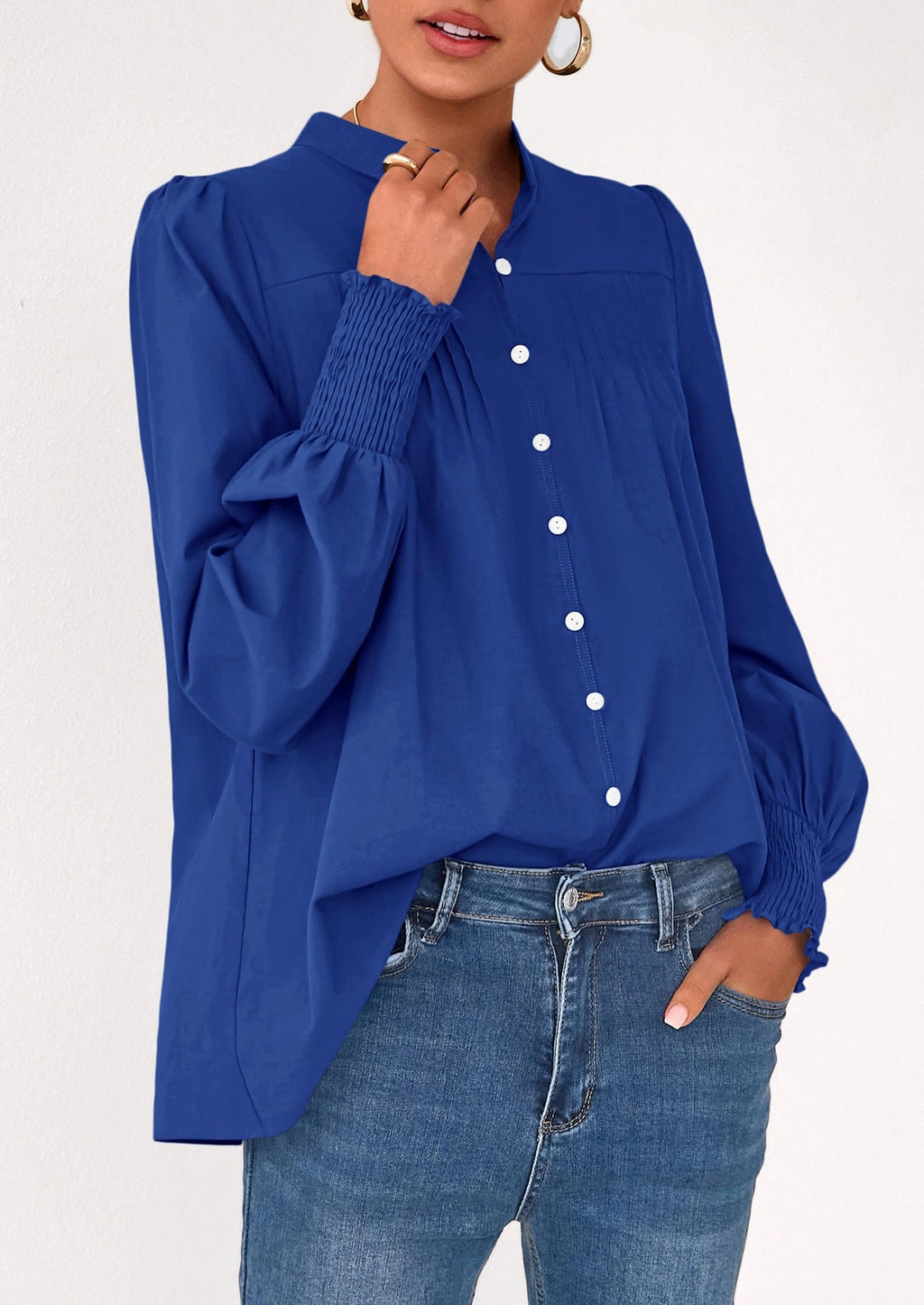 Womens Fall Lantern Long Sleeve Shirts Trendy Button V Neck Pleated Henley Tops Loose Work Blouses