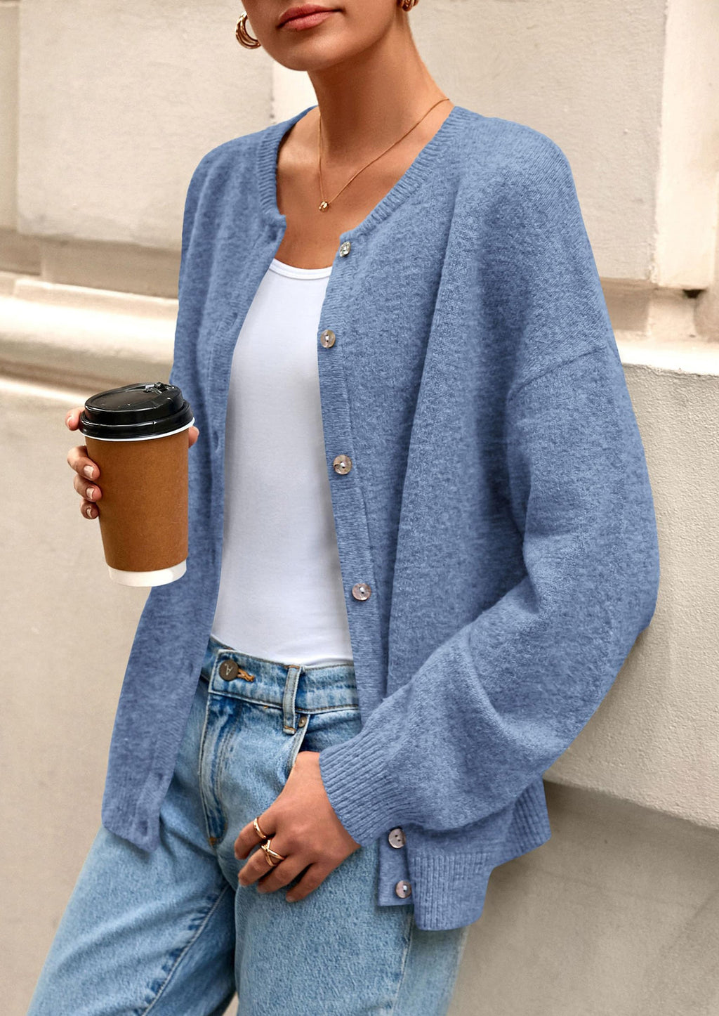 Fall Long Sleeve Cardigans for Women Trendy Open Front Winter Button Down Crewneck Soft Knit Sweater Jacket