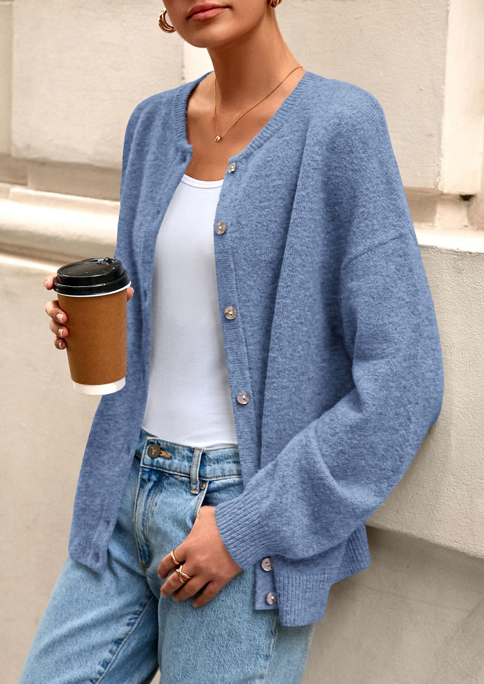 Fall Long Sleeve Cardigans for Women Trendy Open Front Winter Button Down Crewneck Soft Knit Sweater Jacket