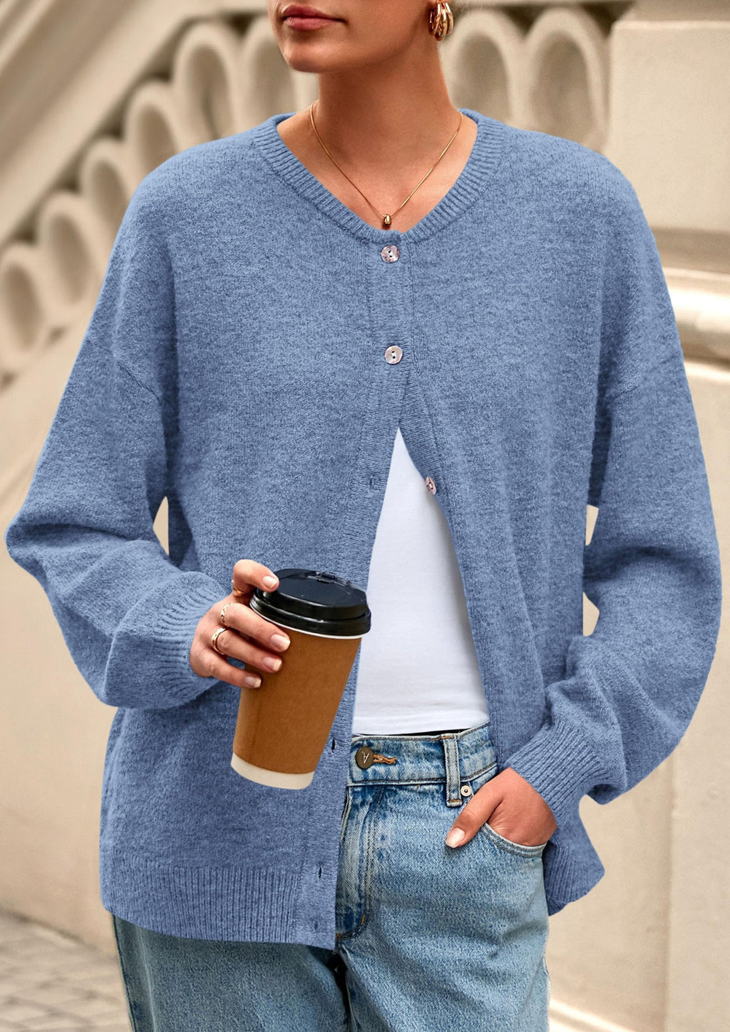 Fall Long Sleeve Cardigans for Women Trendy Open Front Winter Button Down Crewneck Soft Knit Sweater Jacket