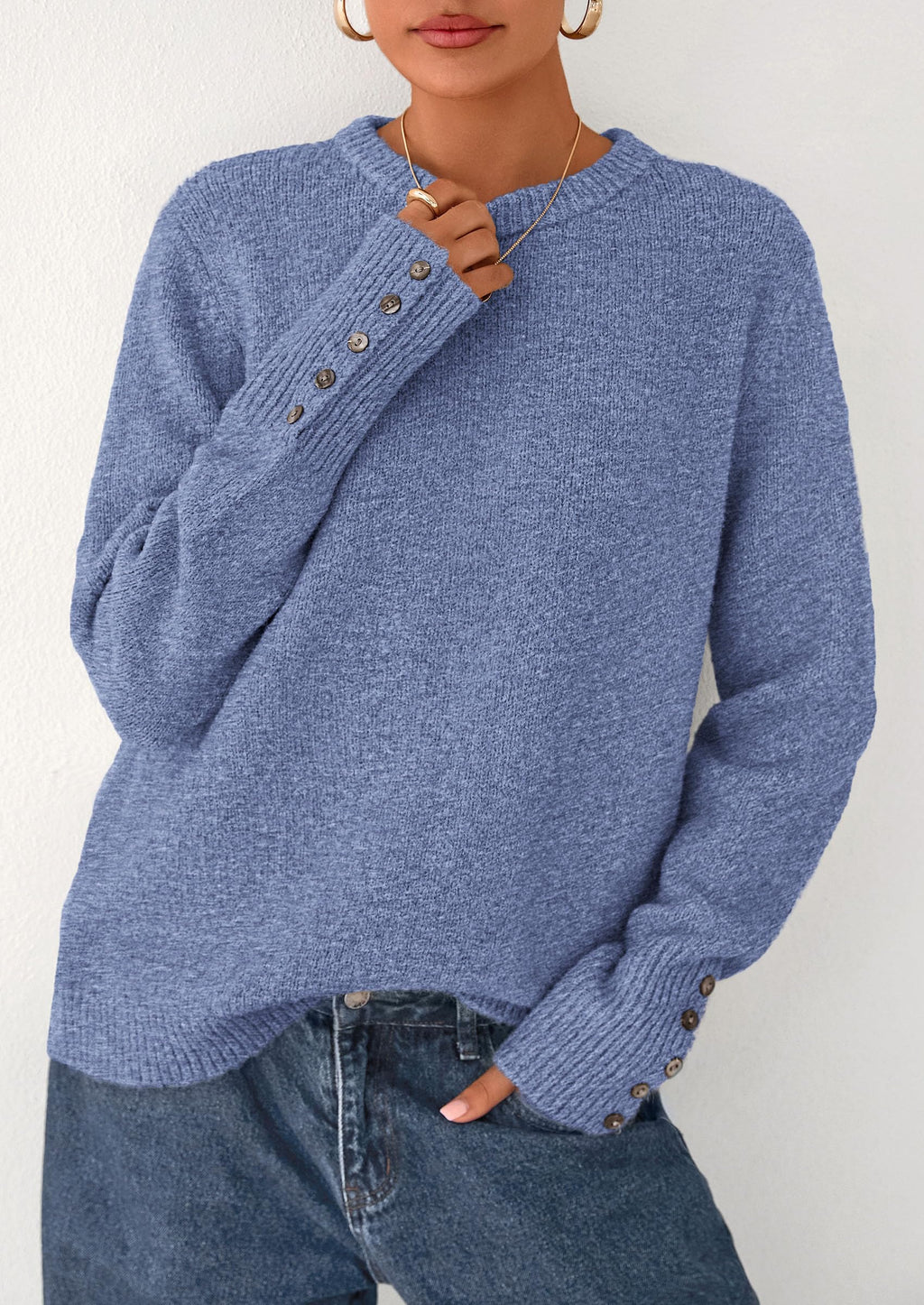 Womens Sweaters Fall Fashion Casual Crewneck Pullover Button Long Sleeve Cute Knit Tops Winter Clothes