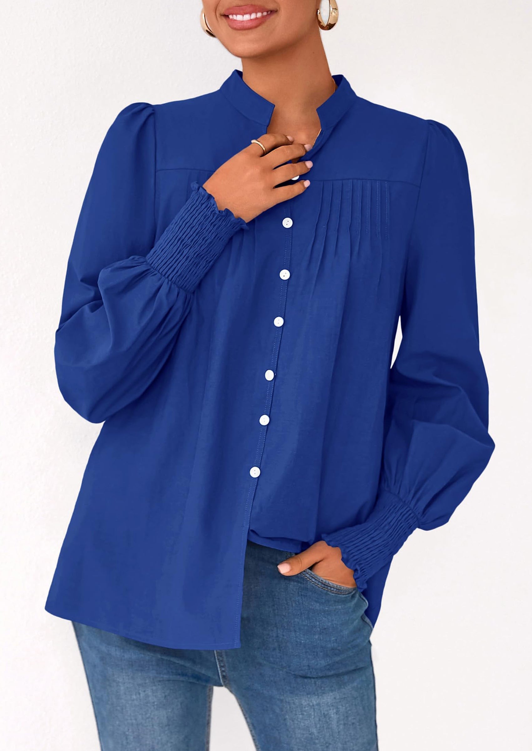 Womens Fall Lantern Long Sleeve Shirts Trendy Button V Neck Pleated Henley Tops Loose Work Blouses