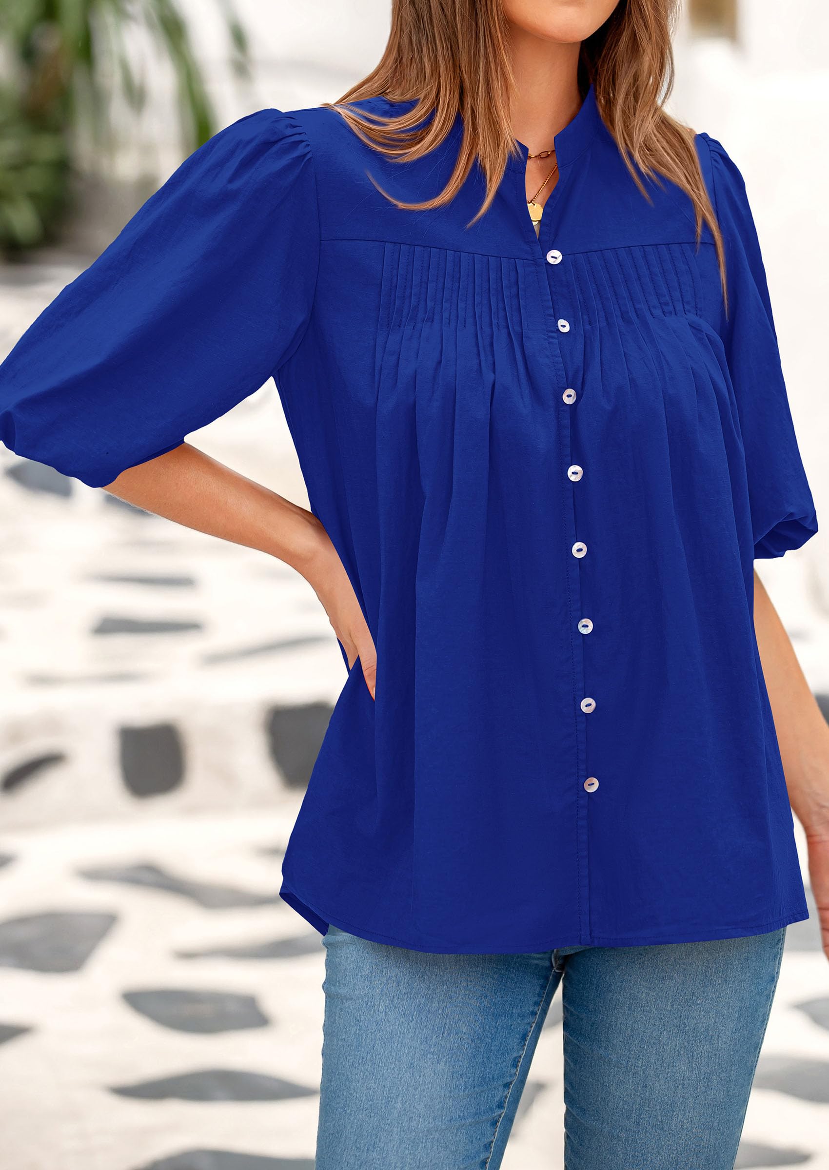 Women's Summer Short Lantern Sleeve Tops Loose Fit Button Down Shirt Casual Pleated V Neck Blouses