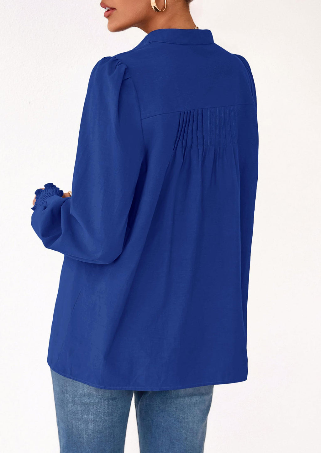 Womens Fall Lantern Long Sleeve Shirts Trendy Button V Neck Pleated Henley Tops Loose Work Blouses