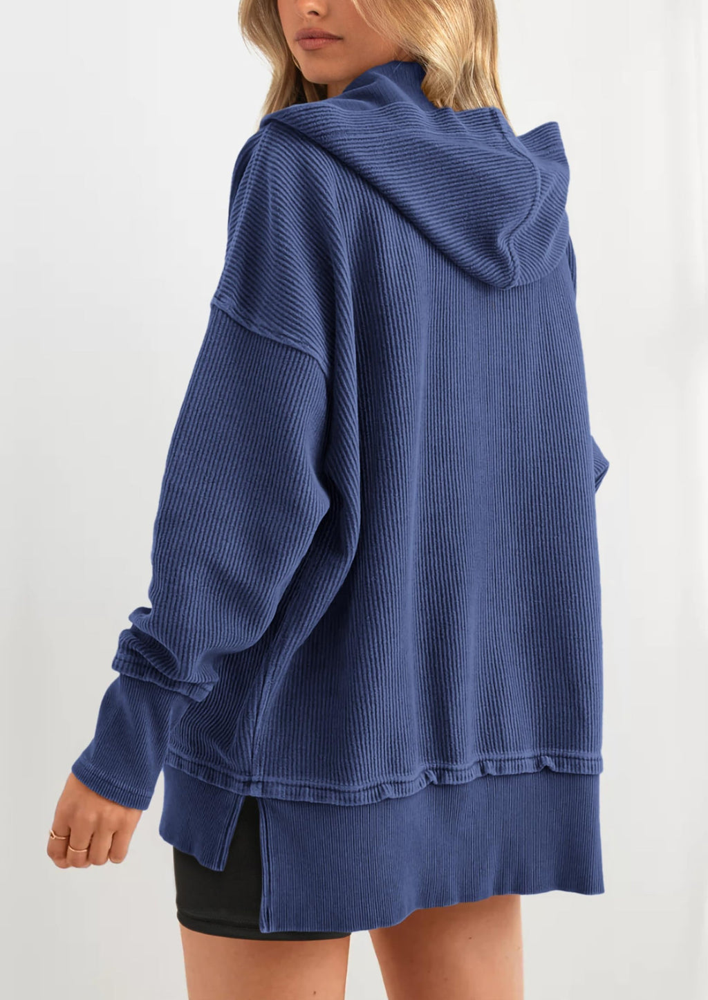 Womens Fashion Oversized Long Sleeve Hoodie Button Down V Neck Sweatshirt Side Slit Casual Pullover Tops