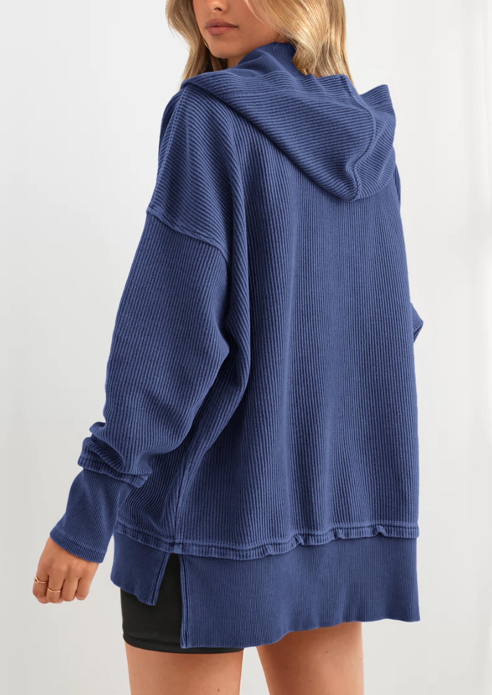 Womens Fashion Oversized Long Sleeve Hoodie Button Down V Neck Sweatshirt Side Slit Casual Pullover Tops