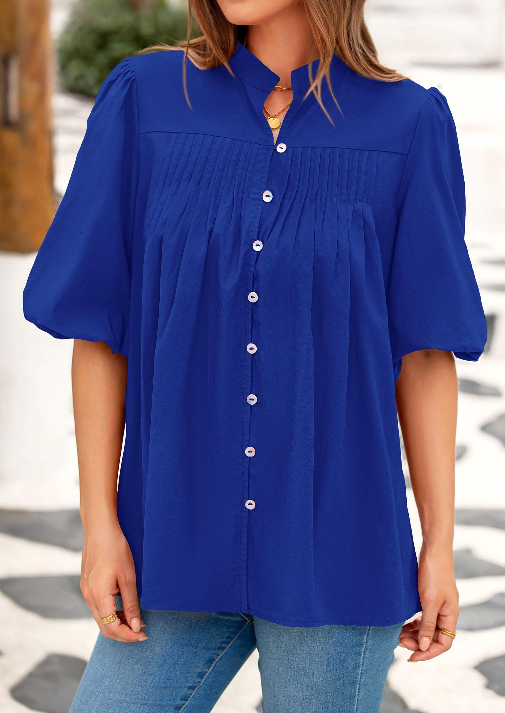 Women's Summer Short Lantern Sleeve Tops Loose Fit Button Down Shirt Casual Pleated V Neck Blouses