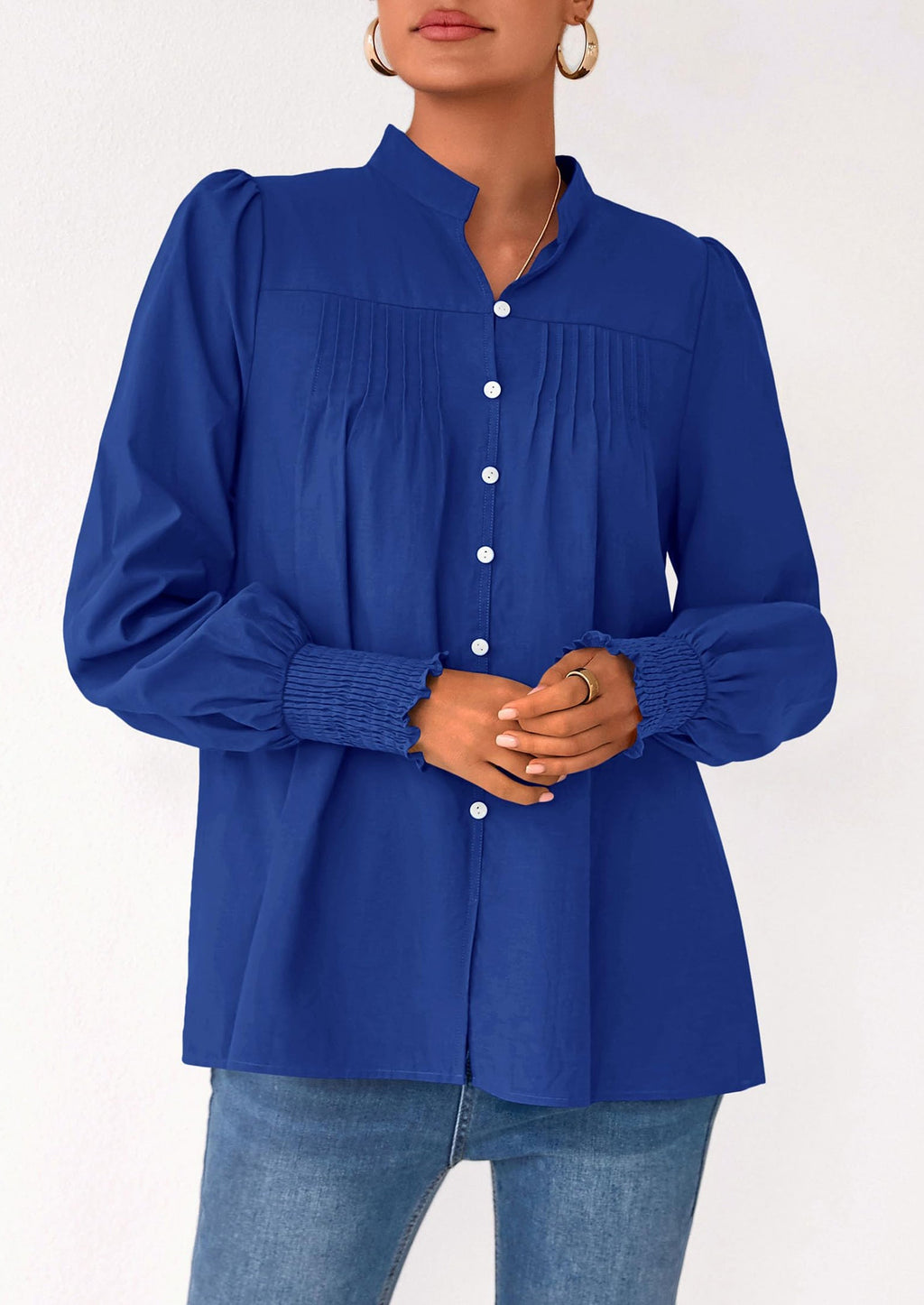 Womens Fall Lantern Long Sleeve Shirts Trendy Button V Neck Pleated Henley Tops Loose Work Blouses