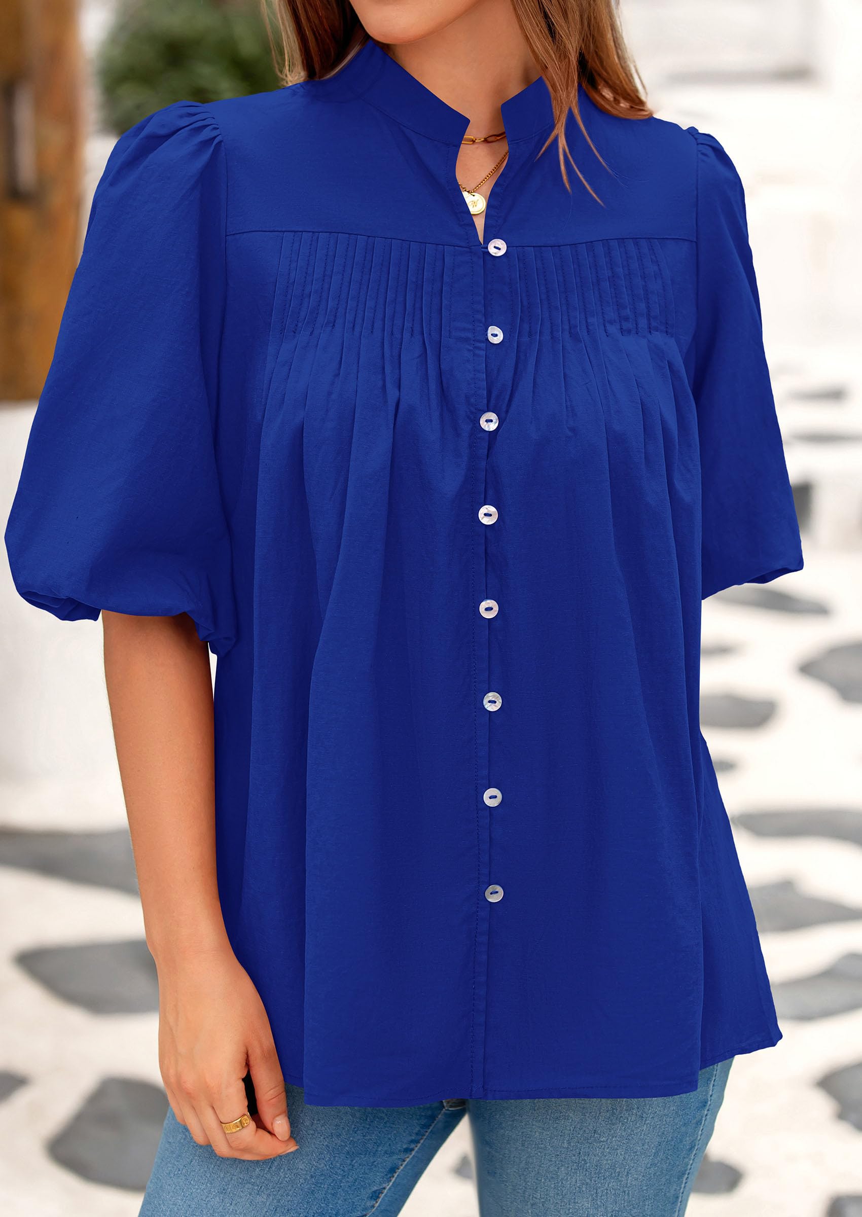 Women's Summer Short Lantern Sleeve Tops Loose Fit Button Down Shirt Casual Pleated V Neck Blouses