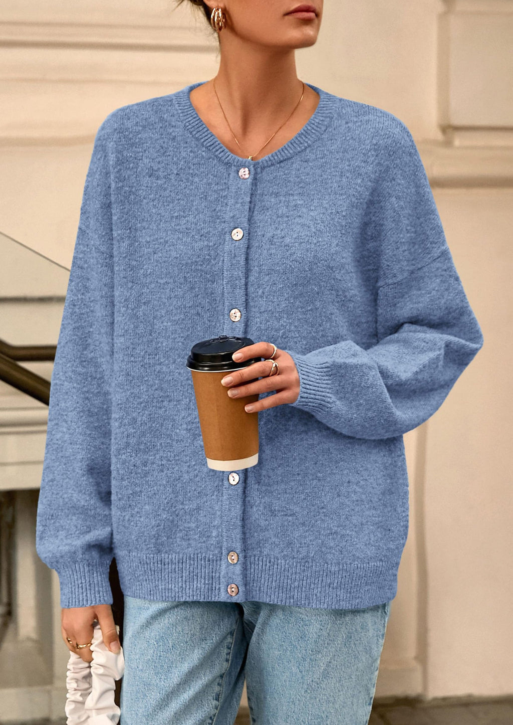 Fall Long Sleeve Cardigans for Women Trendy Open Front Winter Button Down Crewneck Soft Knit Sweater Jacket