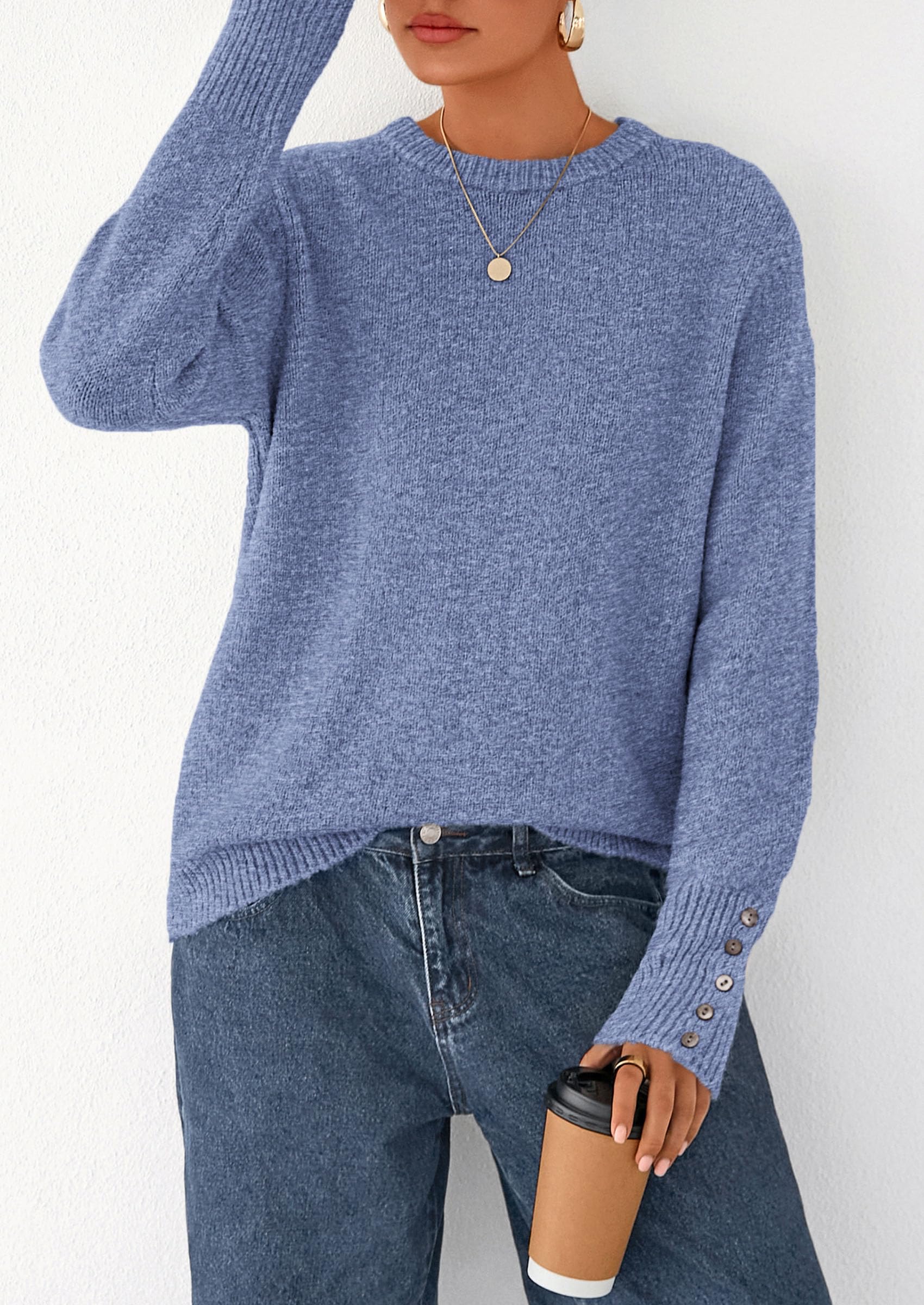 Womens Sweaters Fall Fashion Casual Crewneck Pullover Button Long Sleeve Cute Knit Tops Winter Clothes