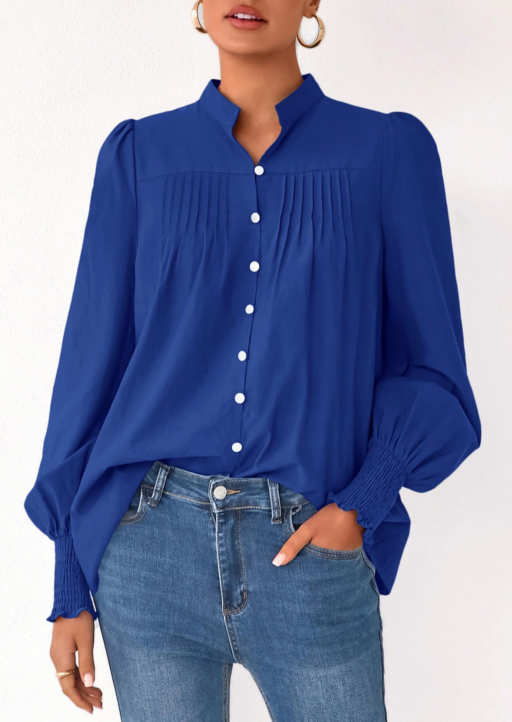 Womens Fall Lantern Long Sleeve Shirts Trendy Button V Neck Pleated Henley Tops Loose Work Blouses