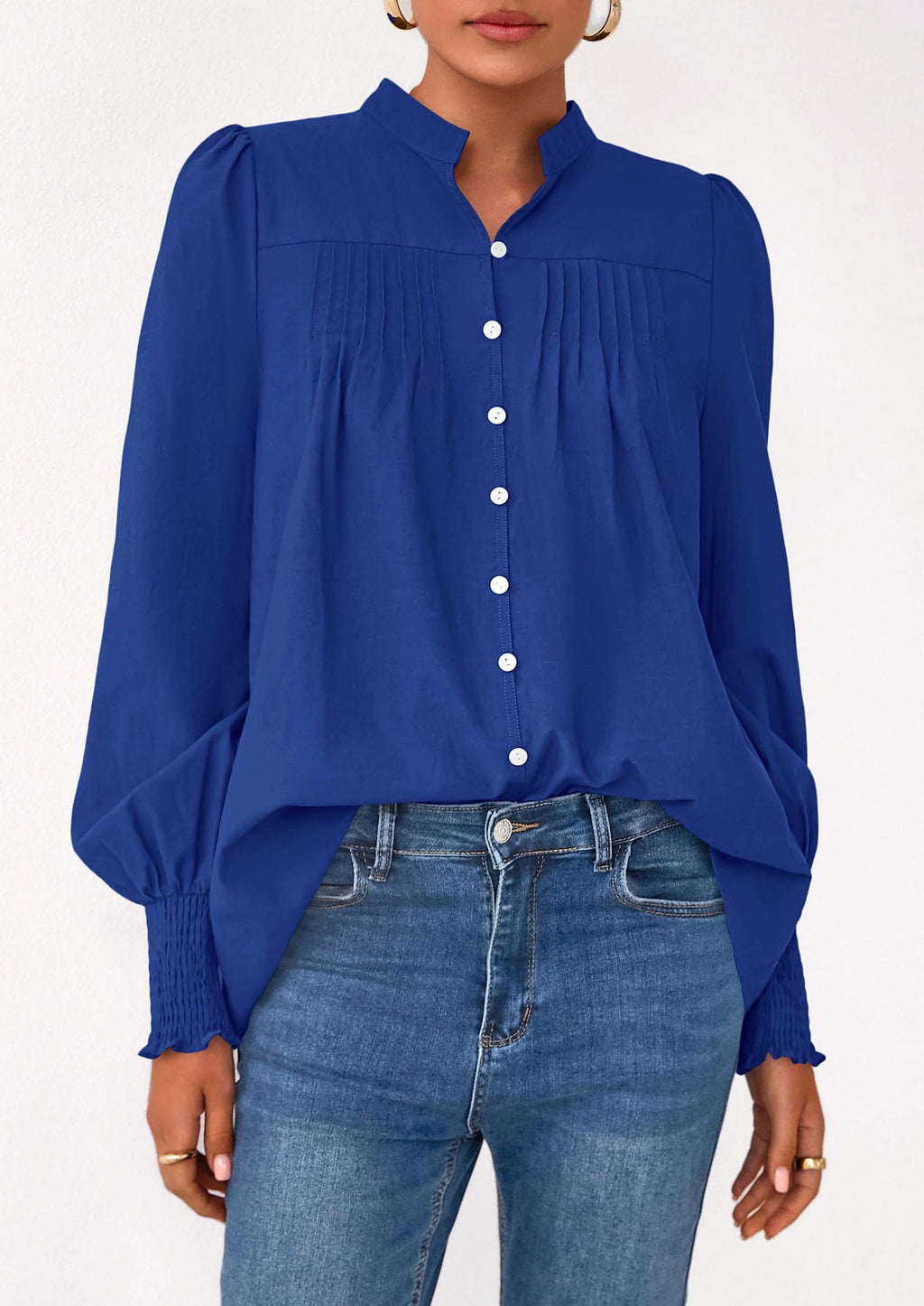 Womens Fall Lantern Long Sleeve Shirts Trendy Button V Neck Pleated Henley Tops Loose Work Blouses