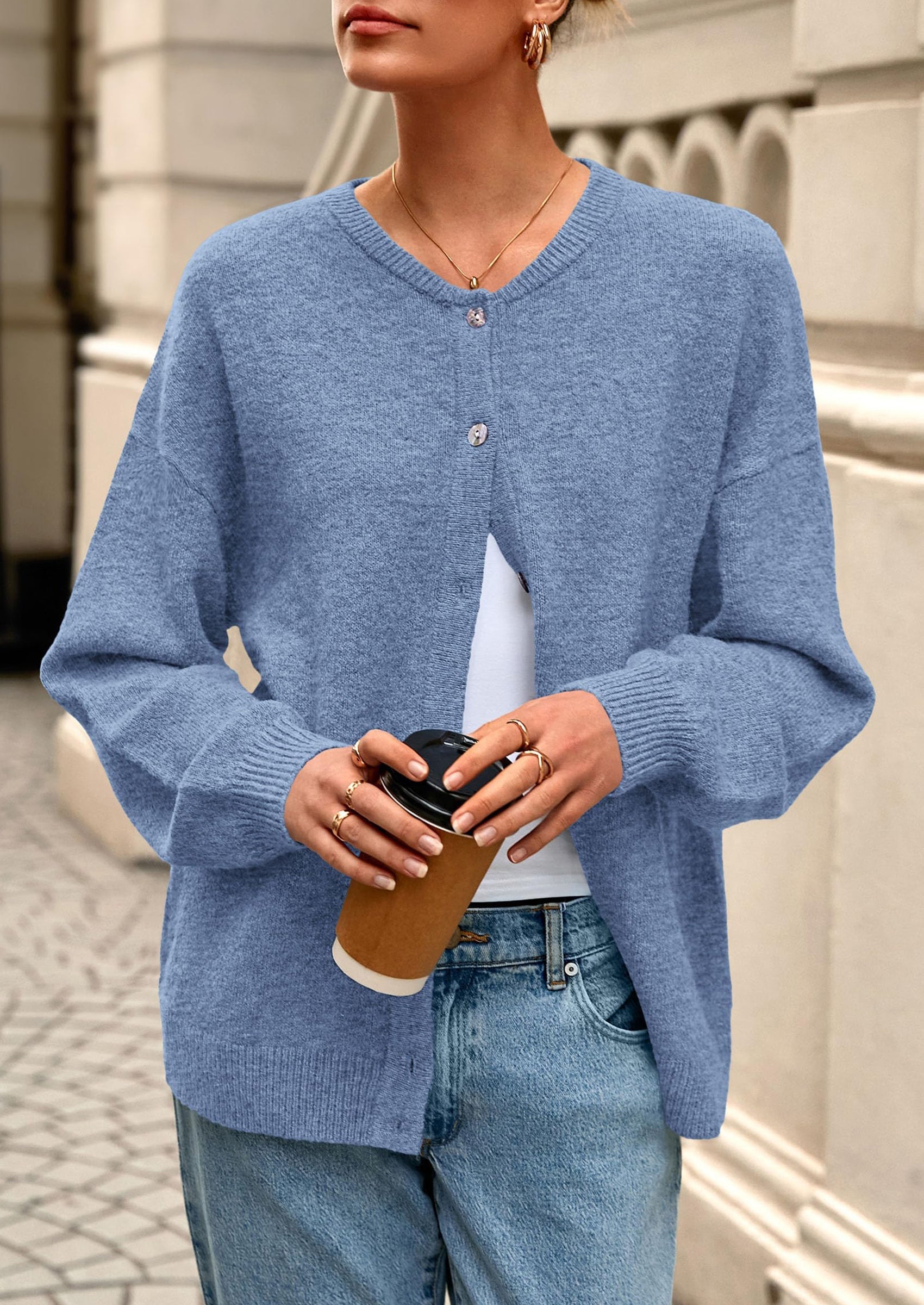 Fall Long Sleeve Cardigans for Women Trendy Open Front Winter Button Down Crewneck Soft Knit Sweater Jacket