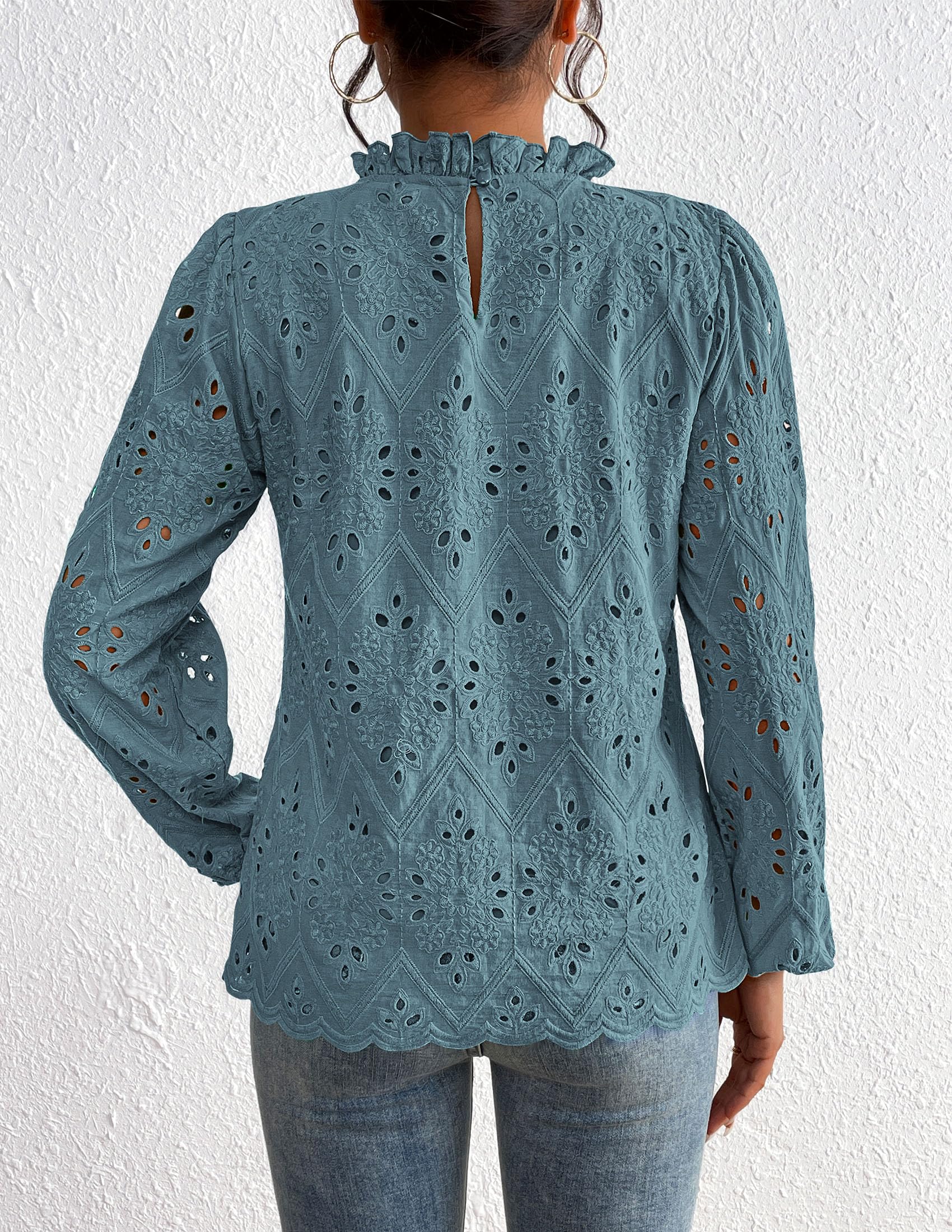 Womens Tops Dressy Casual Spring Long Sleeve Shirts Embroidered Eyelet Blouses Going Out Outfits