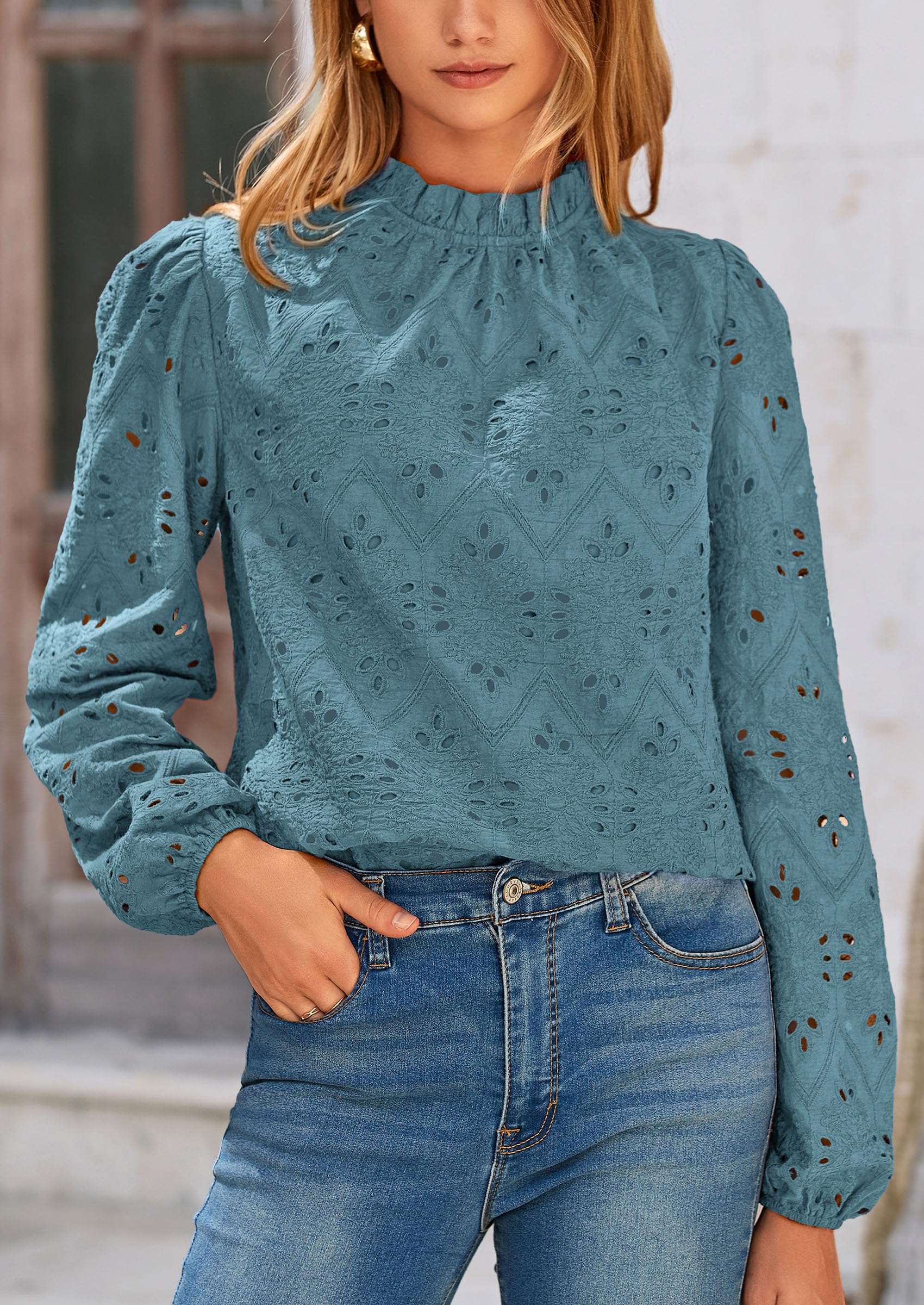 Womens Tops Dressy Casual Spring Long Sleeve Shirts Embroidered Eyelet Blouses Going Out Outfits